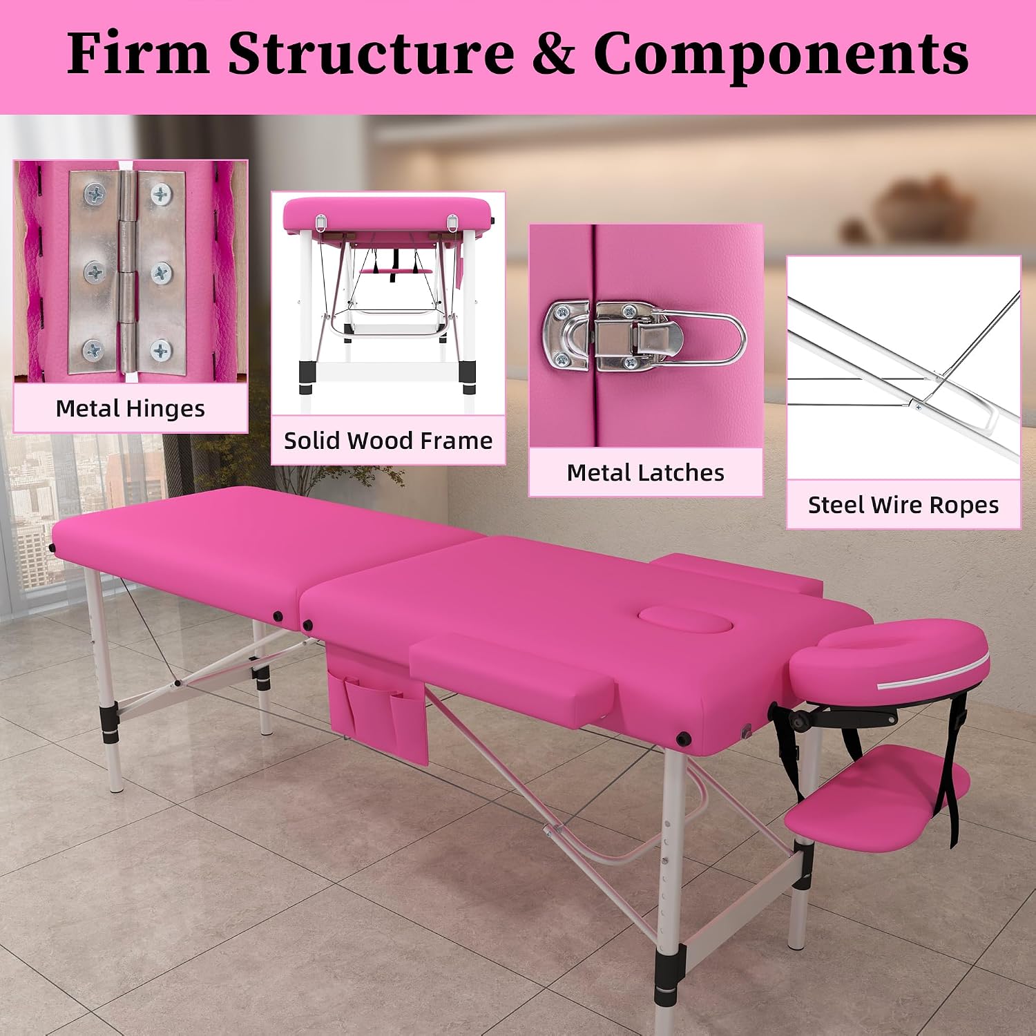 civama Massage Table Massage Bed Portable, 26 LBs Light Weight Foldable Tattoo Facial Care Spa Lash Bed Aluminum Frame with Accessories Carrying Bag, Pink