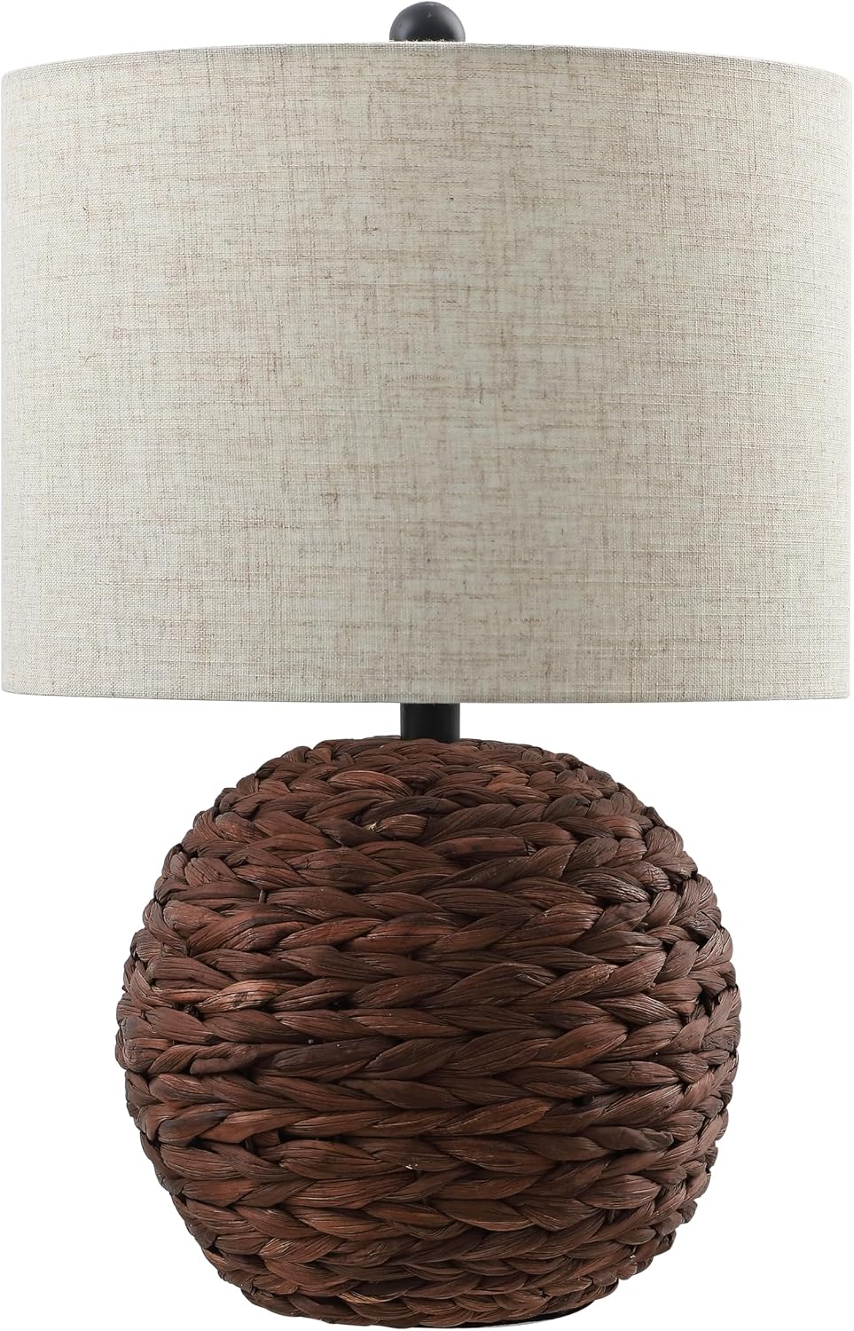 JONATHAN Y 21.5' Dark Brown Modern Coastal Woven Rattan Globe LED Table Lamp for Bedroom, Oatmeal Linen Drum Shade, LED Bulb Included, Rustic Bedside Lamp for Living Room (JYL6514B)