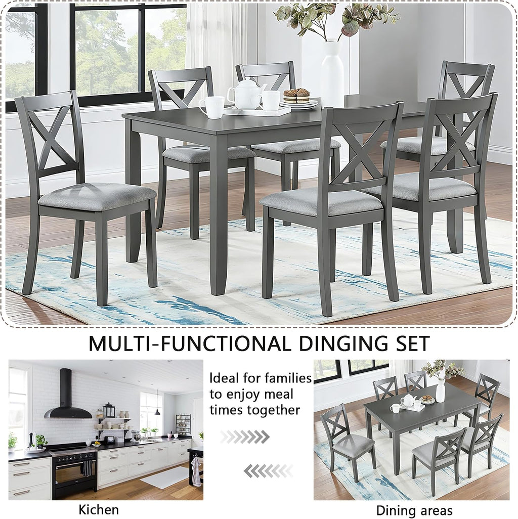 Harper & Bright Designs Modern 7-Piece Dining Set,58.5' Solid Wood Table & 6 Padded X-Back Style Chairs, Grey for Kitchen/Dining Room, 6-Person Seating