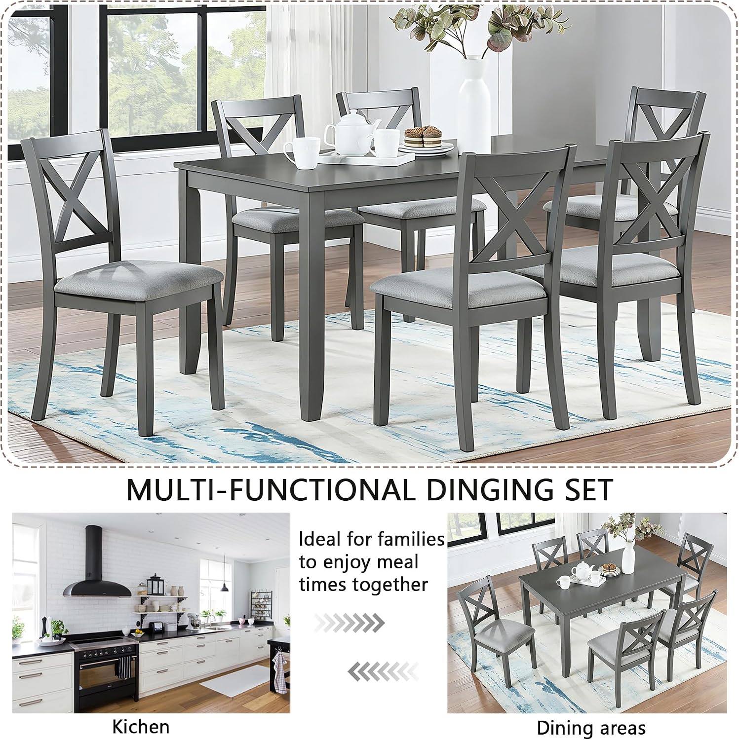 Harper & Bright Designs Modern 7-Piece Dining Set,58.5' Solid Wood Table & 6 Padded X-Back Style Chairs, Grey for Kitchen/Dining Room, 6-Person Seating
