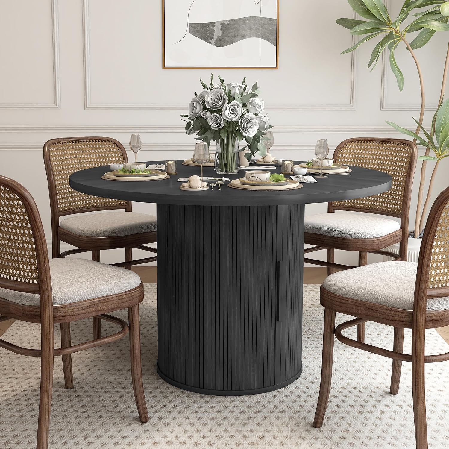 weselon 47 inch Round Dining Table for 4, Kitchen Table Dinner Table with 2-Layer Storage Shelf and Wood Slide Door for Home Dining Room Living Room (Black)