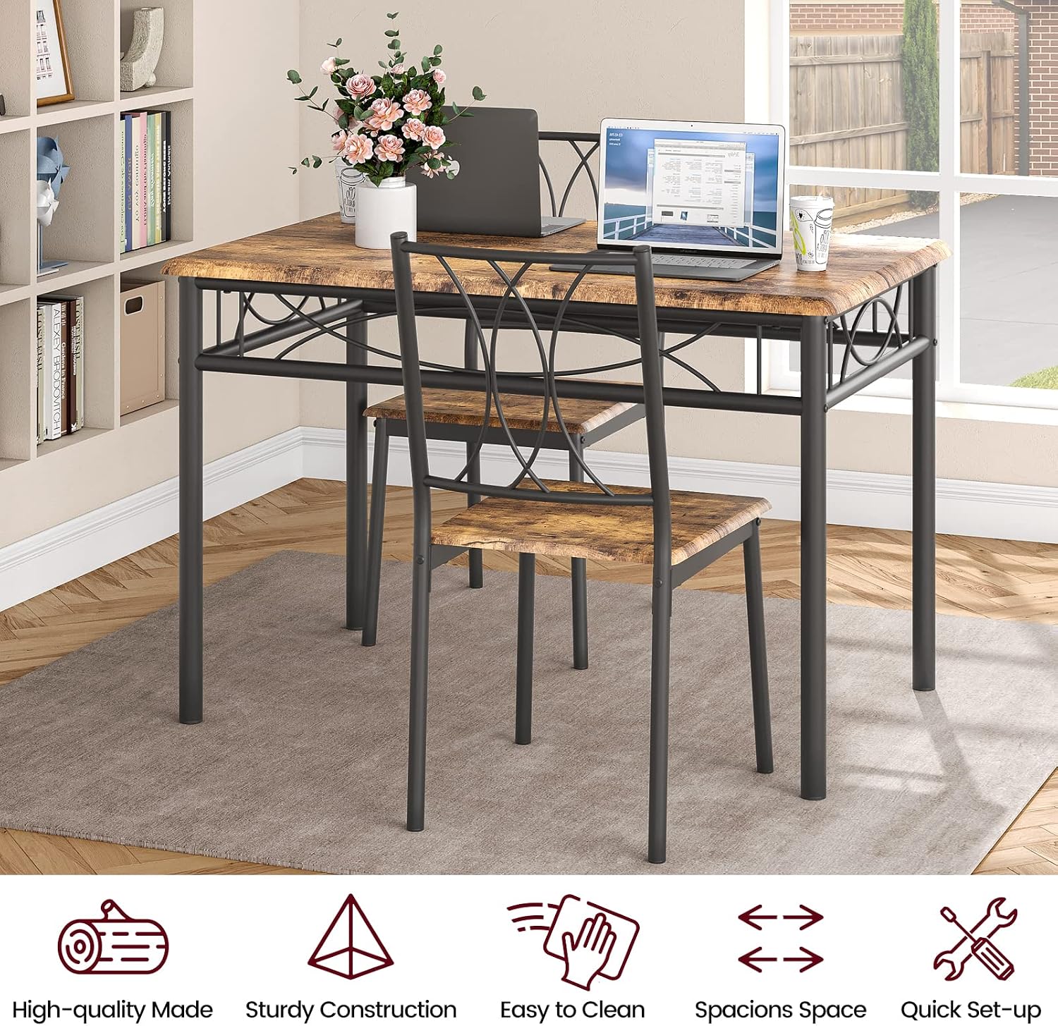 Garvee 5-Piece Wood Dining Table Set for 4, Rectangular Kitchen Table Set with 4 Chairs, Space-Saving Dining Table Set for Apartment, Studio, Kitchen, Small Space, Brown