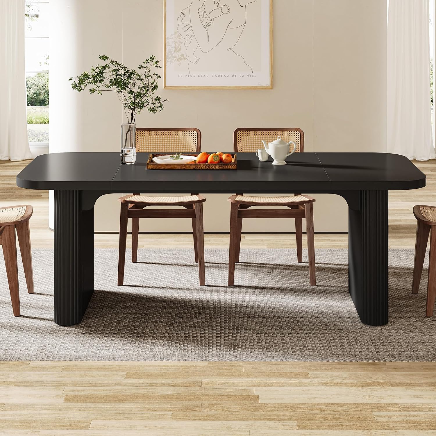 Tribesigns Modern Dining Table for 6 People, 62-Inch Black Kitchen Table with Double Robust Pedestal, Long Rectangle Wood Dinner Table for Dining Room, Coffee Black