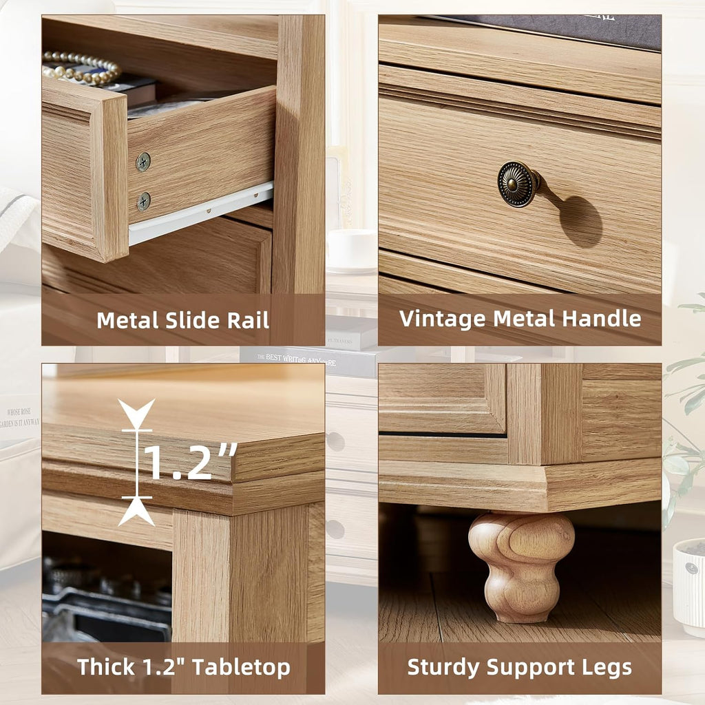 Joaxswe Farmhouse Nightstand Set of 2 with Charging Station, 24' Wide End Table with 2 Drawers,Natural Dresser for Bedroom,Bed Side Table Chest of Drawers Cabinet, Night Stand for Living Room