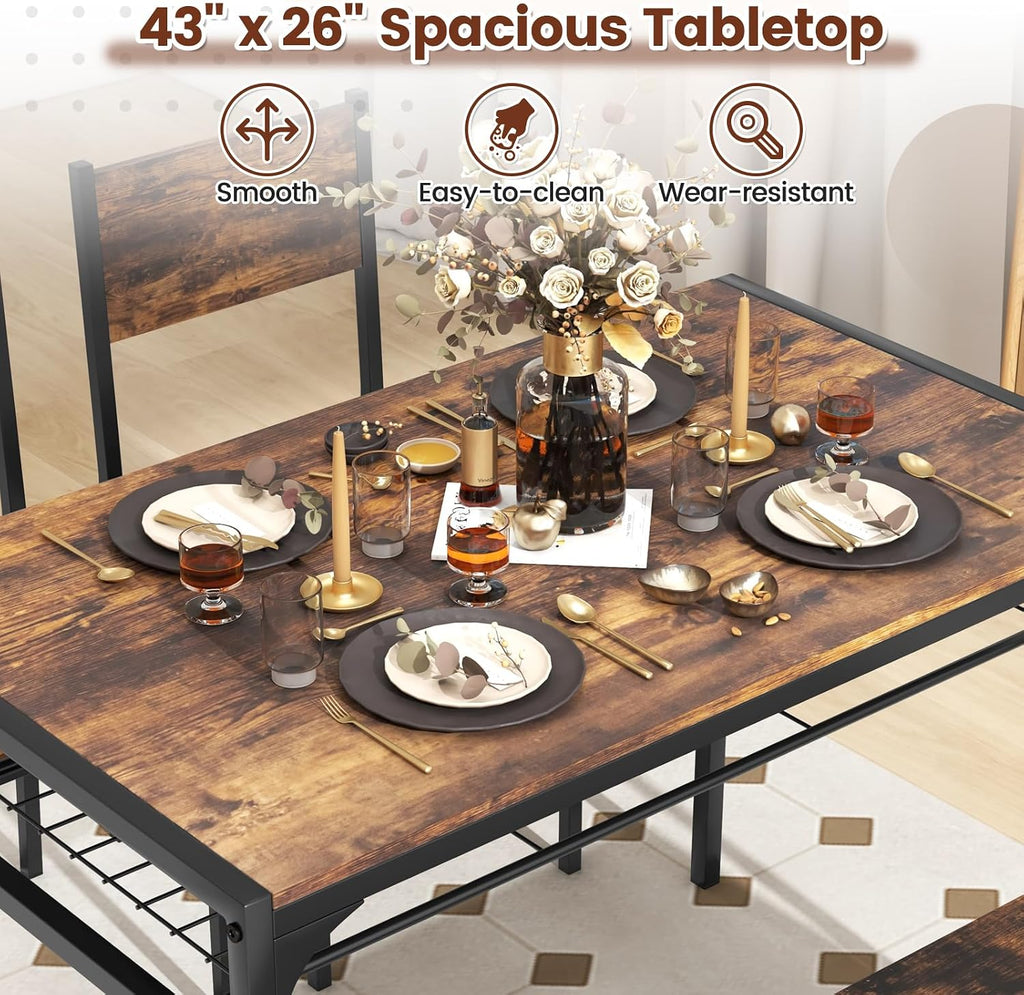 COSTWAY 4 Pieces Dining Table Set, Kitchen Table and 2 Chairs for 4 with Bench, Storage Racks, Metal Frame & Space-saving Design, Industrial Kitchen Table Set for Small Space, Apartment (Rustic Brown)