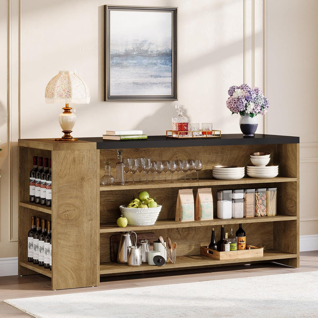 Tribesigns 55' Kitchen Island with Storage, Farmhouse 5-Tier Stationary Island Table with 5 Shelves, Wood Coffee Bar Table Storage Cabinet with Large Countertop for Kitchen, Vintage Brown