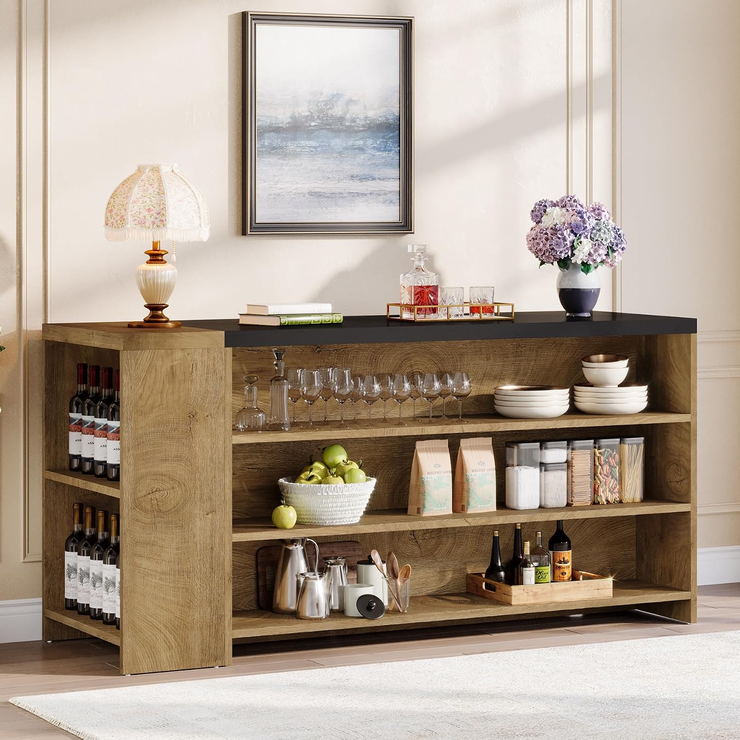 Tribesigns 55' Kitchen Island with Storage, Farmhouse 5-Tier Stationary Island Table with 5 Shelves, Wood Coffee Bar Table Storage Cabinet with Large Countertop for Kitchen, Vintage Brown