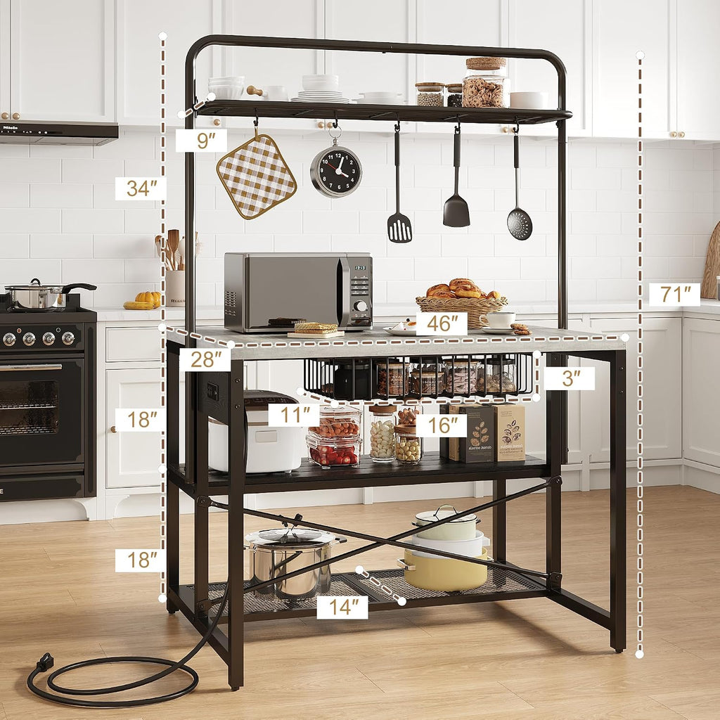 46' Large Kitchen Island Table Baker Rack with Power Outlet and 3-Tier Storage-Microwave Stand Oven Shelf, Metal Coffee Bar Table,Kitchen Storage Shelf for Dining Living Room, 5 Hooks,Grey