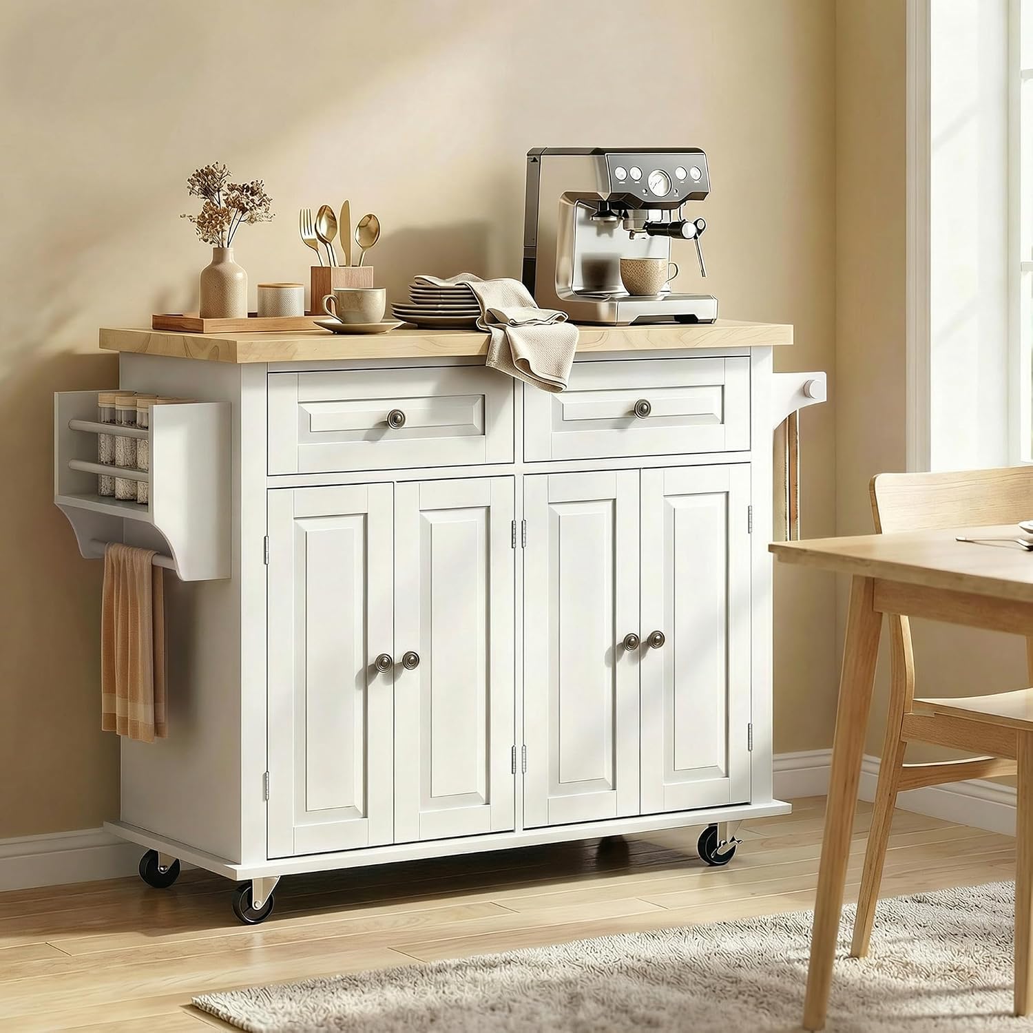 HOMCOM Kitchen Island Cart with Solid Wood Top, 44' Mobile Kitchen Island Table on Wheels with Storage Cabinets, 2 Drawers, Adjustable Shelves, Spice Rack & Towel Bar for Dining Room, White