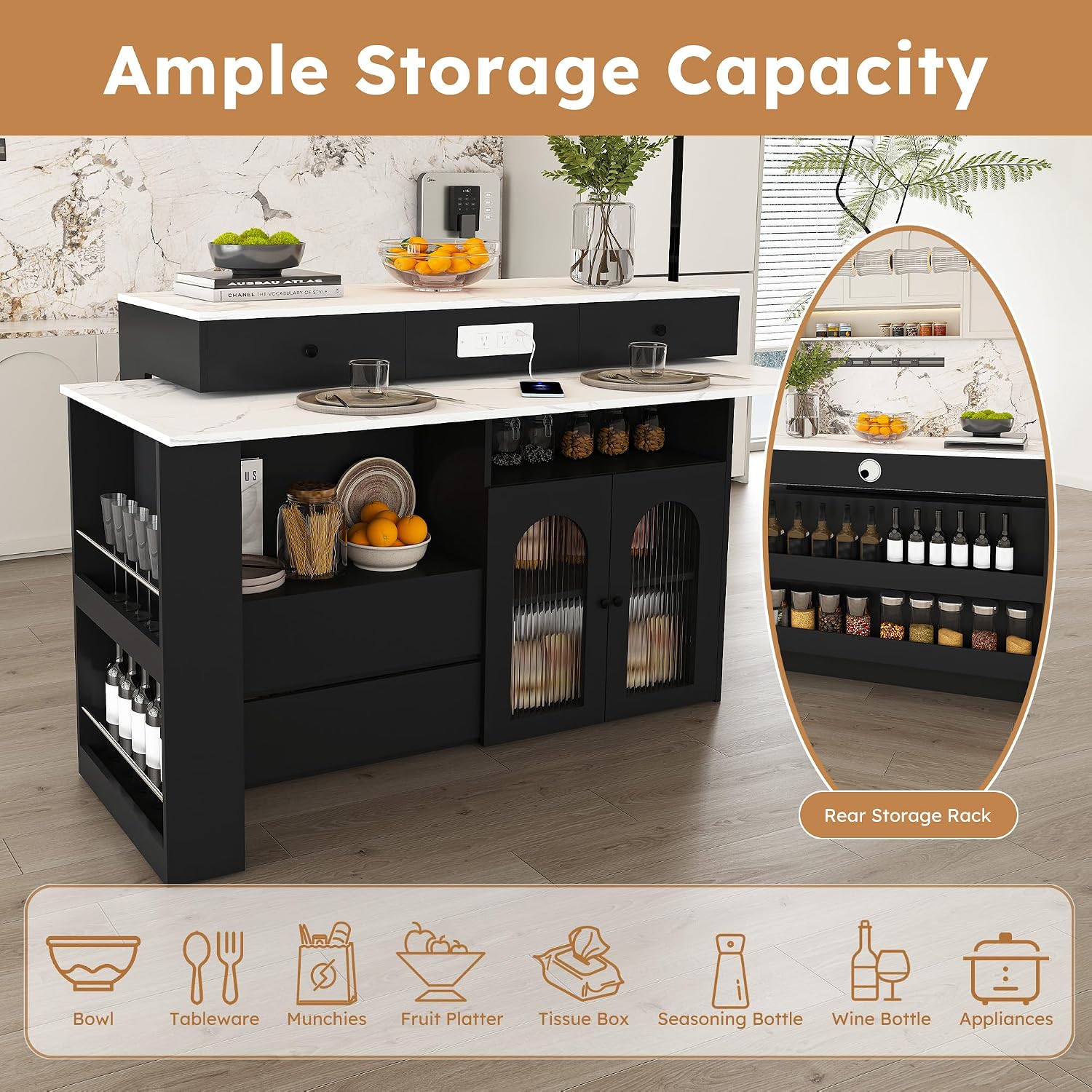 KEIKI Kitchen Island with Extendable & Rotating Table, Expandable Dining Station for 2-4, Kitchen Storage Islands with 4 Drawers & Glass Door Cabinets & Built-in Socket for Dining Room, Black