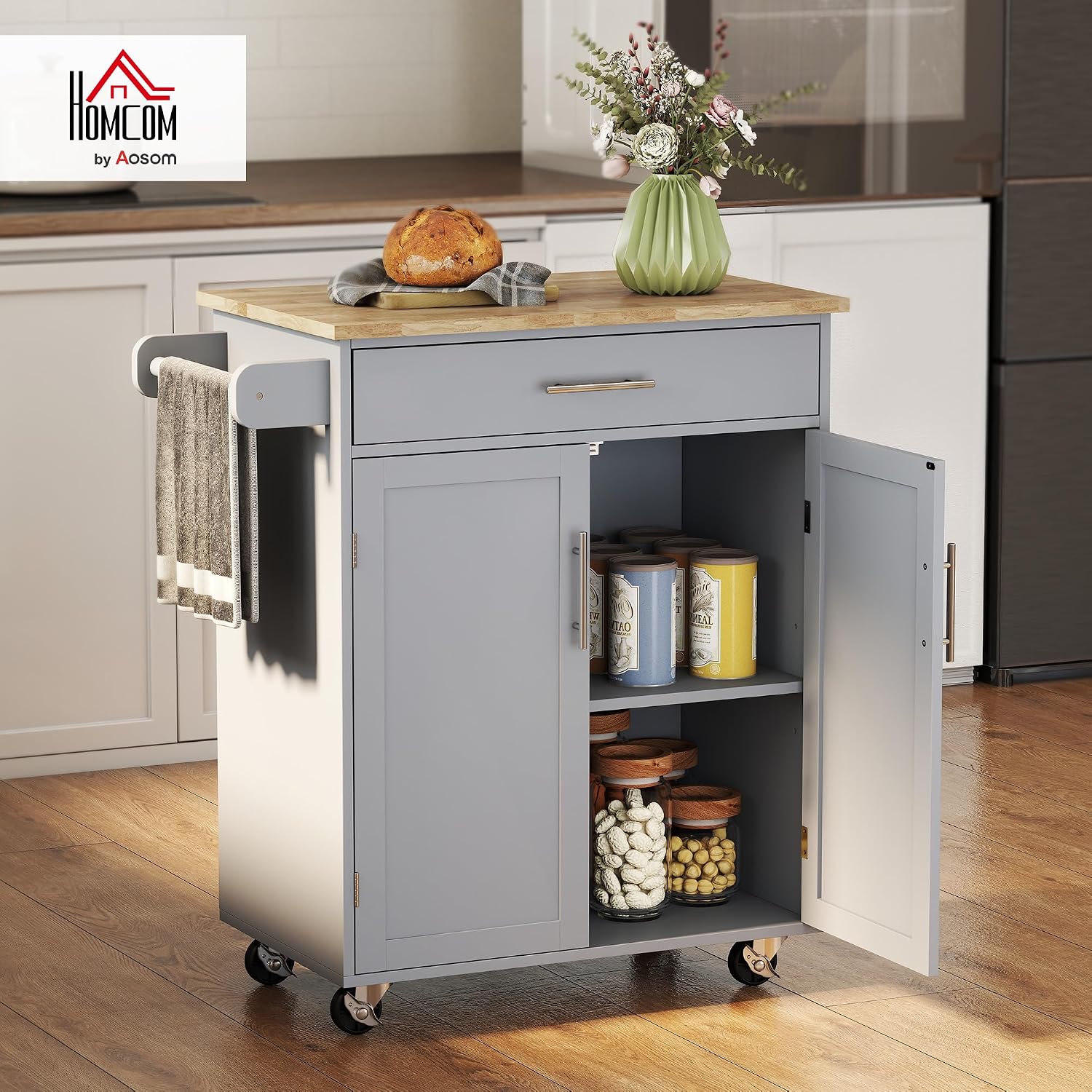 HOMCOM Kitchen Island Cart, Rolling Island Table with Solid Wood Top, Trolley Cart with Drawer, Storage Cabinet & Towel Rack, Gray