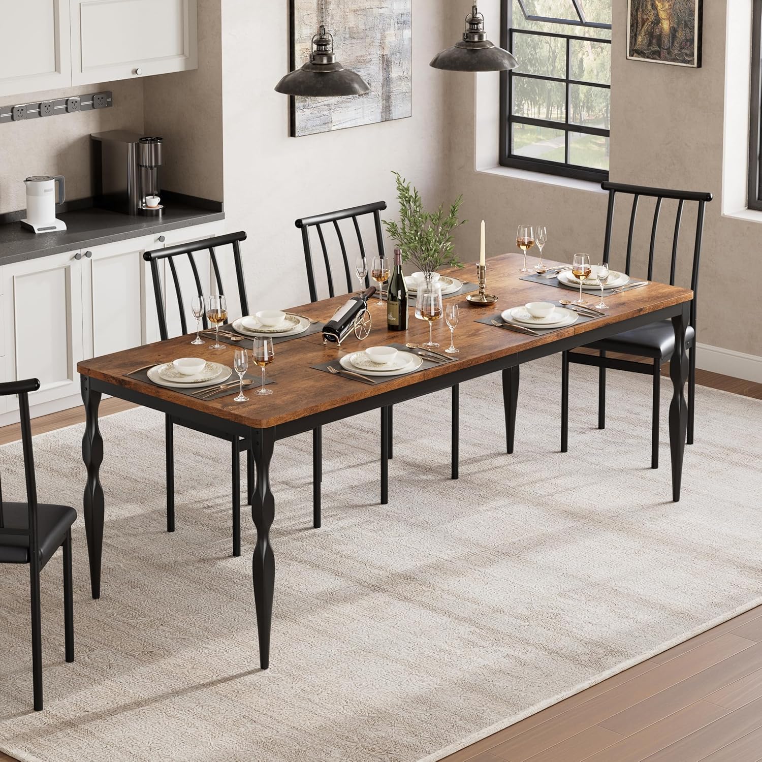 IDEALHOUSE 78 Inch Farmhouse Dining Table for 6-8 People, Rectangular Wood Kitchen Table with Heavy Duty Legs, Kitchen Dining Room Table for Dining Room Kitchen, Brown