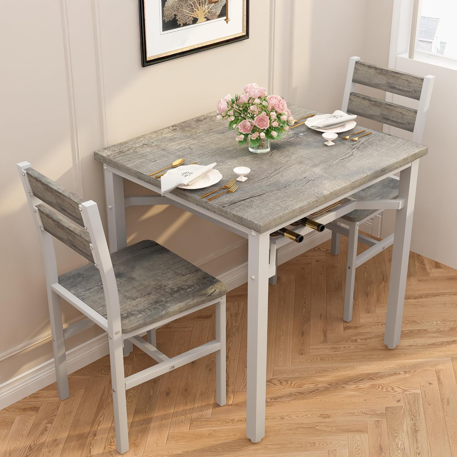 Hooseng 3 Piece Dining Table Set for 2, Small Wooden Kitchen Table with Storage, Farmhouse Square Dinette Set for Dining Room, Breakfast Nook, Apartment, Small Space