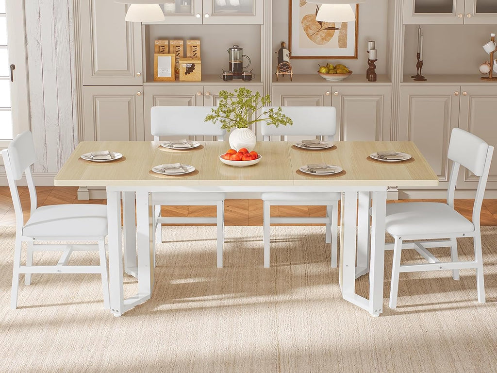 Itaar 5-Piece Dining Table Set for 4-6 People, 63' Extendable Kitchen Table and 4 Cushion Chairs, Dining Room Table with MDF Board & Metal Frame for Small Space, Easy Clean, Natural