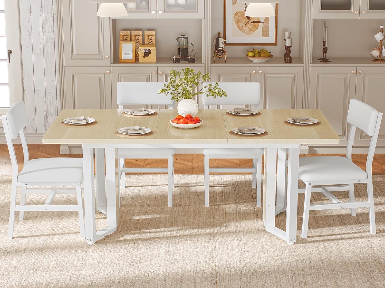 Itaar 5-Piece Dining Table Set for 4-6 People, 63' Extendable Kitchen Table and 4 Cushion Chairs, Dining Room Table with MDF Board & Metal Frame for Small Space, Easy Clean, Natural