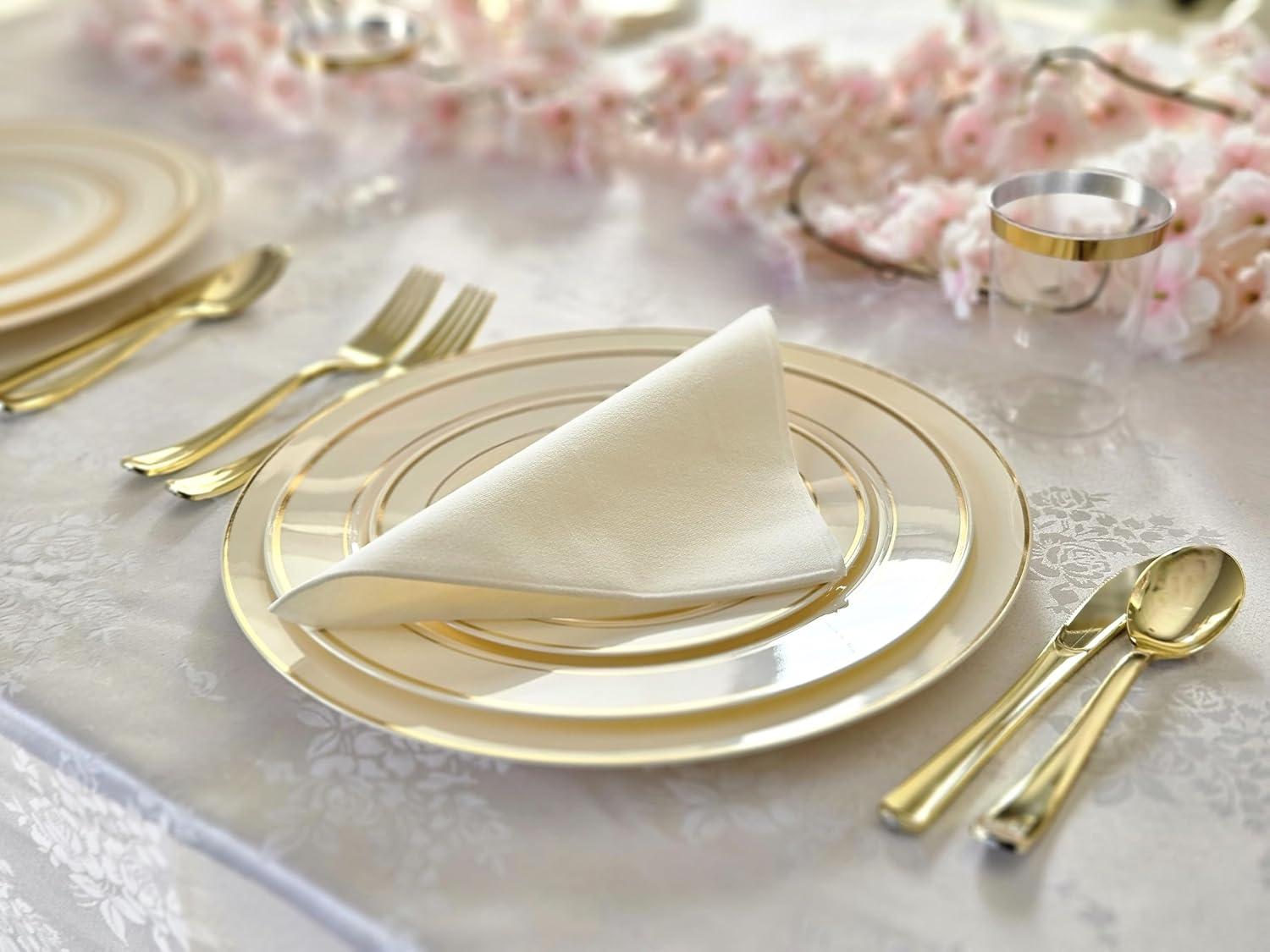 ' OCCASIONS ' 960 pcs/120 Guest-Full Set - Wedding Disposable Plastic Plates Silverware, Gold Rimmed Tumblers and Ivory Napkins (Combo B, Ivory & Gold Rim)