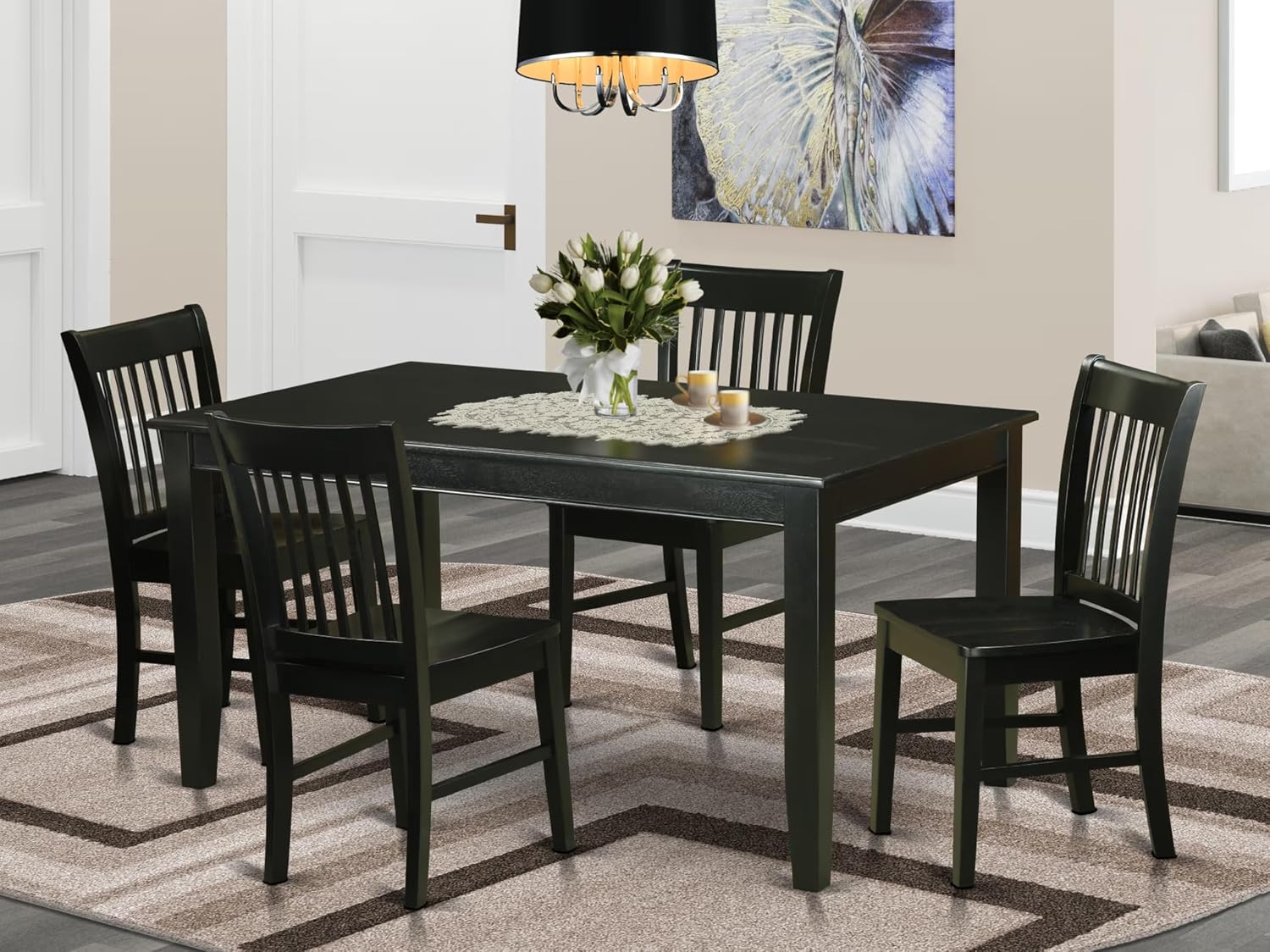 East West Furniture DUNO5-BLK-W 5 Piece Dining Room Table Set Includes a Rectangle Wooden Table and 4 Kitchen Dining Chairs, 36x60 Inch, Black