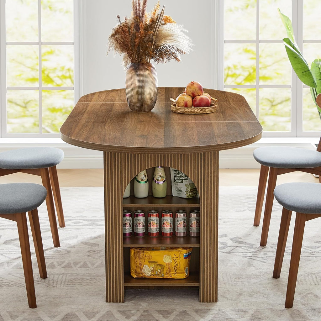 weselon 70.8' Oval Dining Table with Dual Side Storage Shelves, Rustic Farmhouse Table for 4–6 People, Modern Wooden Round Dinner Table for Kitchen, Reception, or Living Room (Walnut, Table Only)