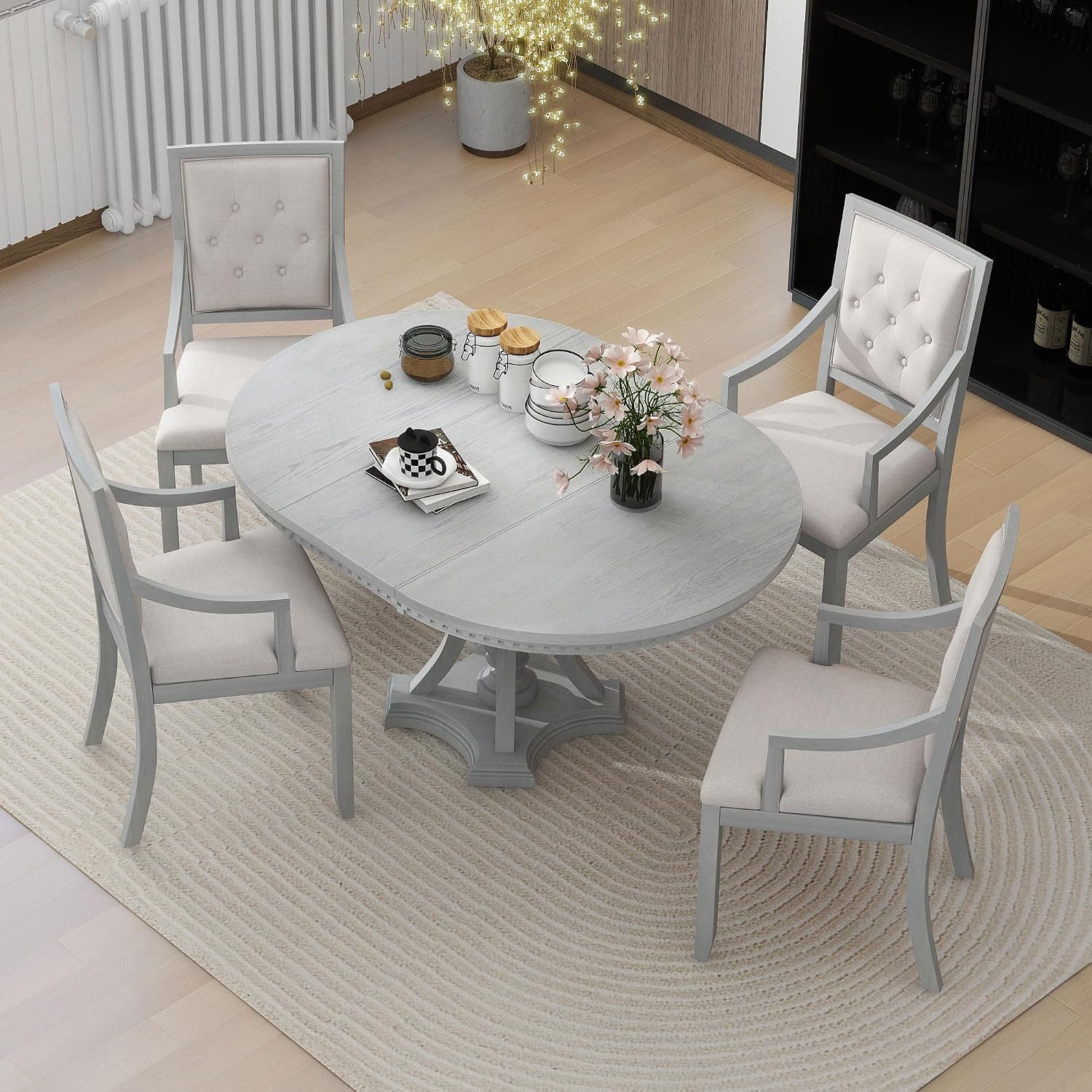 LUMISOL Round Dining Table Set for 4, 5-Piece Extendable Kitchen Table Set with 4 Upholstered Chairs, Farmhouse Table and Chairs Set for Kitchen, Dining Room, Living Room, Antique Grey