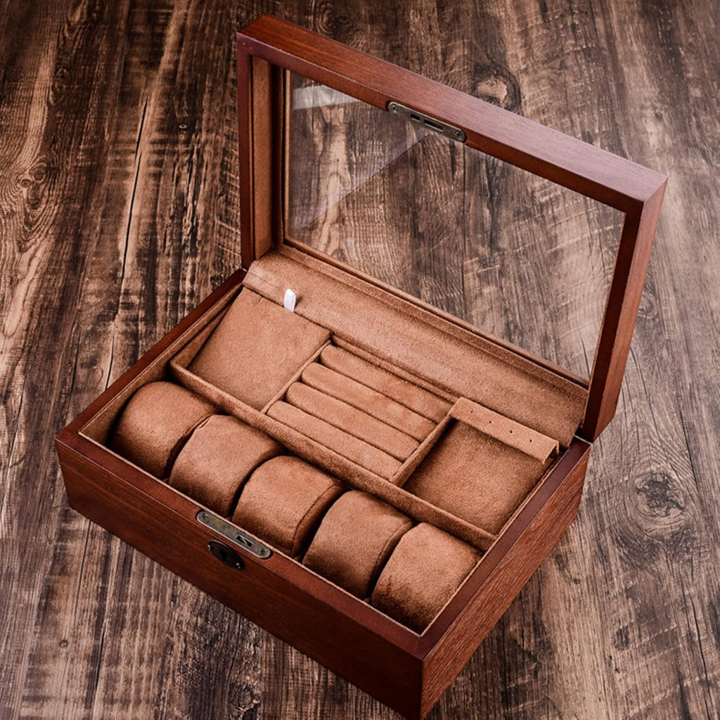 MARURY Wooden Watch Jewelry Box with Lock Vintage Glass Storage Box Double Layer Jewelry Storage Box Case Bracelet Necklace Ring Ornament Gift