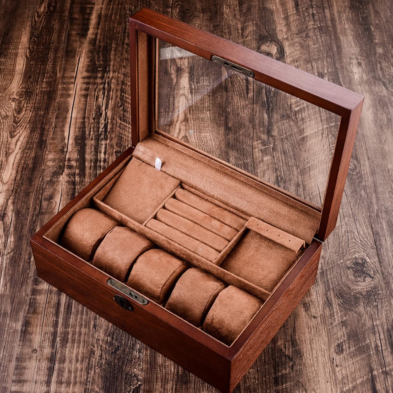 MARURY Wooden Watch Jewelry Box with Lock Vintage Glass Storage Box Double Layer Jewelry Storage Box Case Bracelet Necklace Ring Ornament Gift