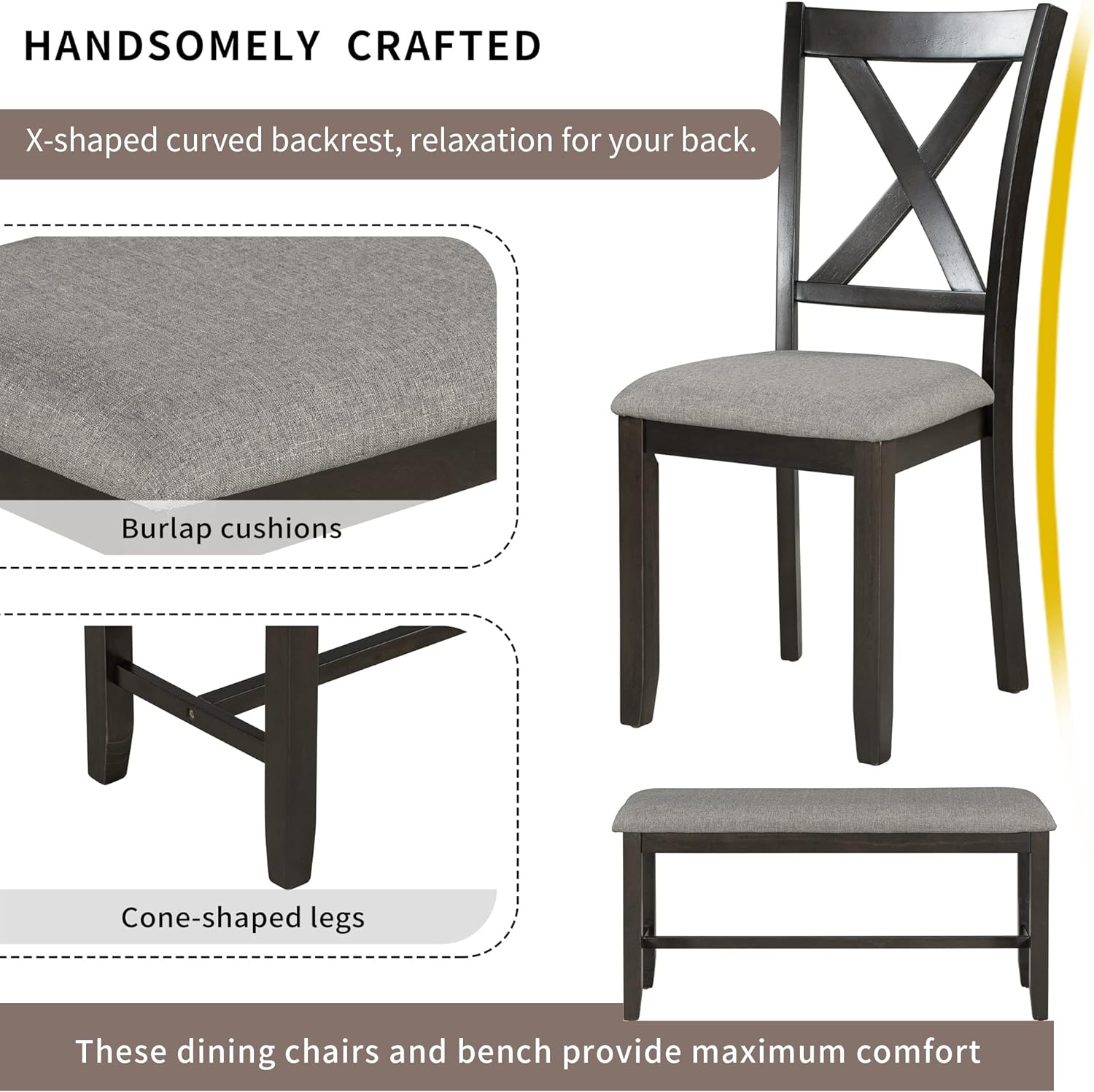 Merax 6 Piece Farmhouse Dining Table Set for 6, Solid Wood Rectangular Kitchen Table Set with 4 Upholstered Chairs and 1 Bench for Kitchen Room Dining Room - Espresso+Gray
