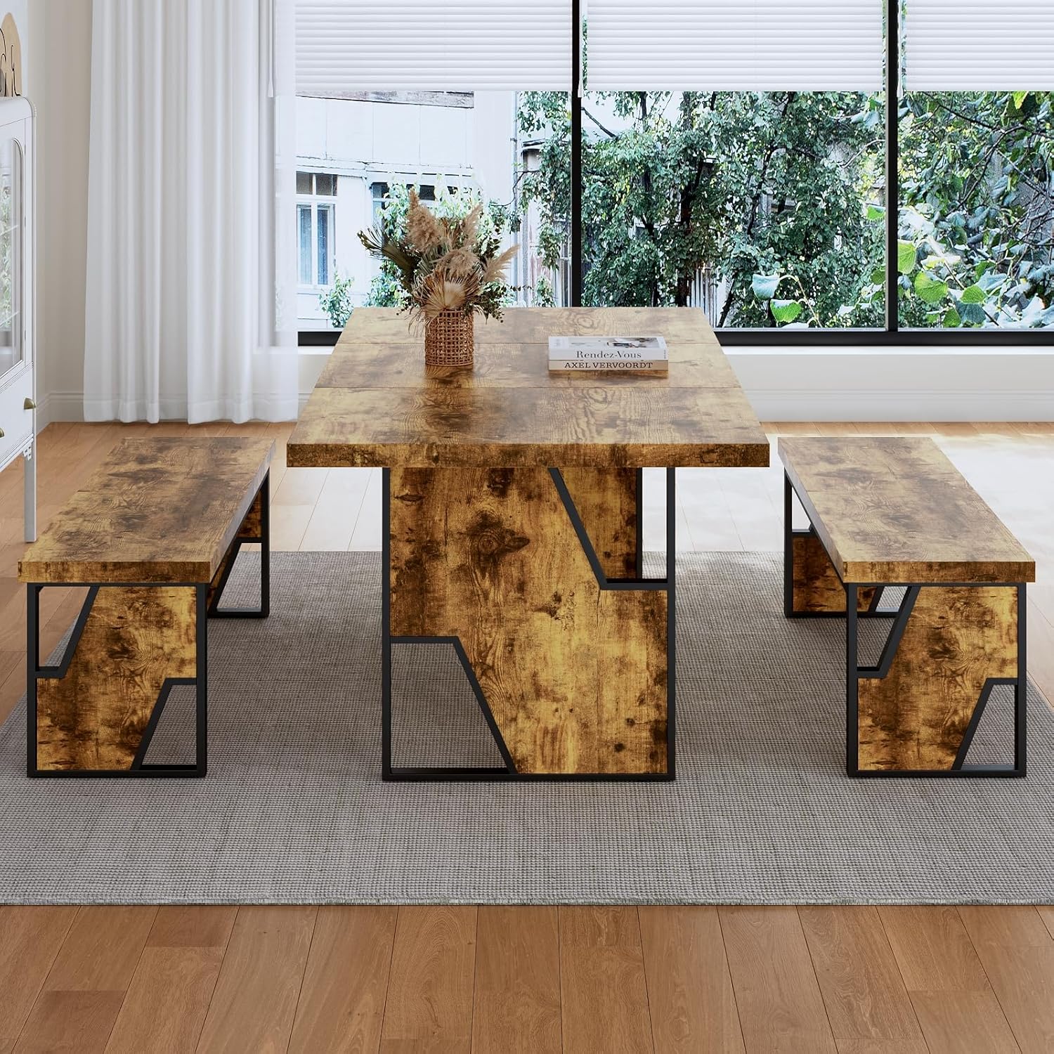 HIPIHOM 70.8' Wooden Dining Table with 2 Benches, Modern Kitchen Table and Chairs Set for 4-6 Person, Thickened MDF Wooden Table with Dining Bench for Living Dining Room, Kitchen, Office