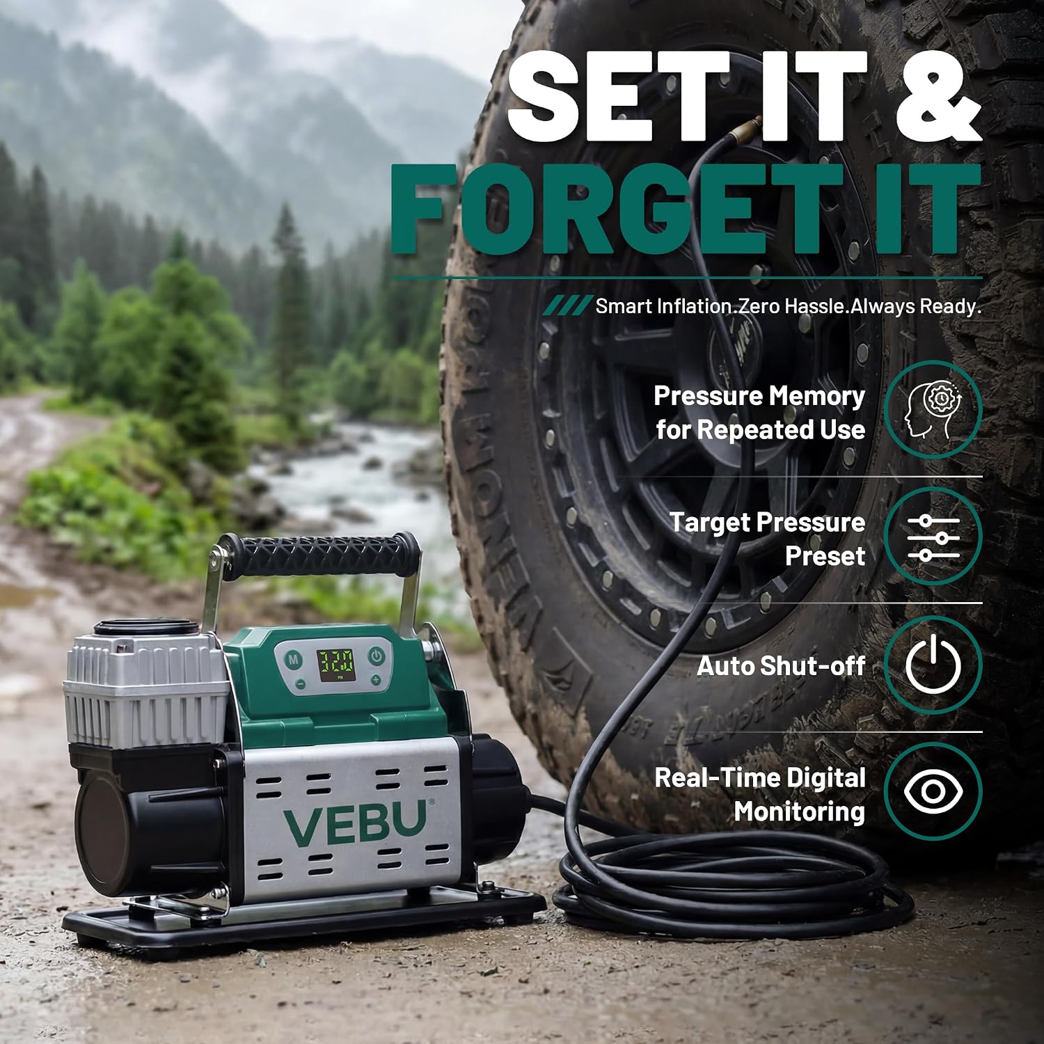 ‌RV Air Compressor 12V Tire Inflator, 150PSI with Auto Shut-off, Digital Display & Preset, 5.65CFM Fast Inflation for Off-road Vehicles, Trucks, SUVs, RVs, ATVs, Corded Electric