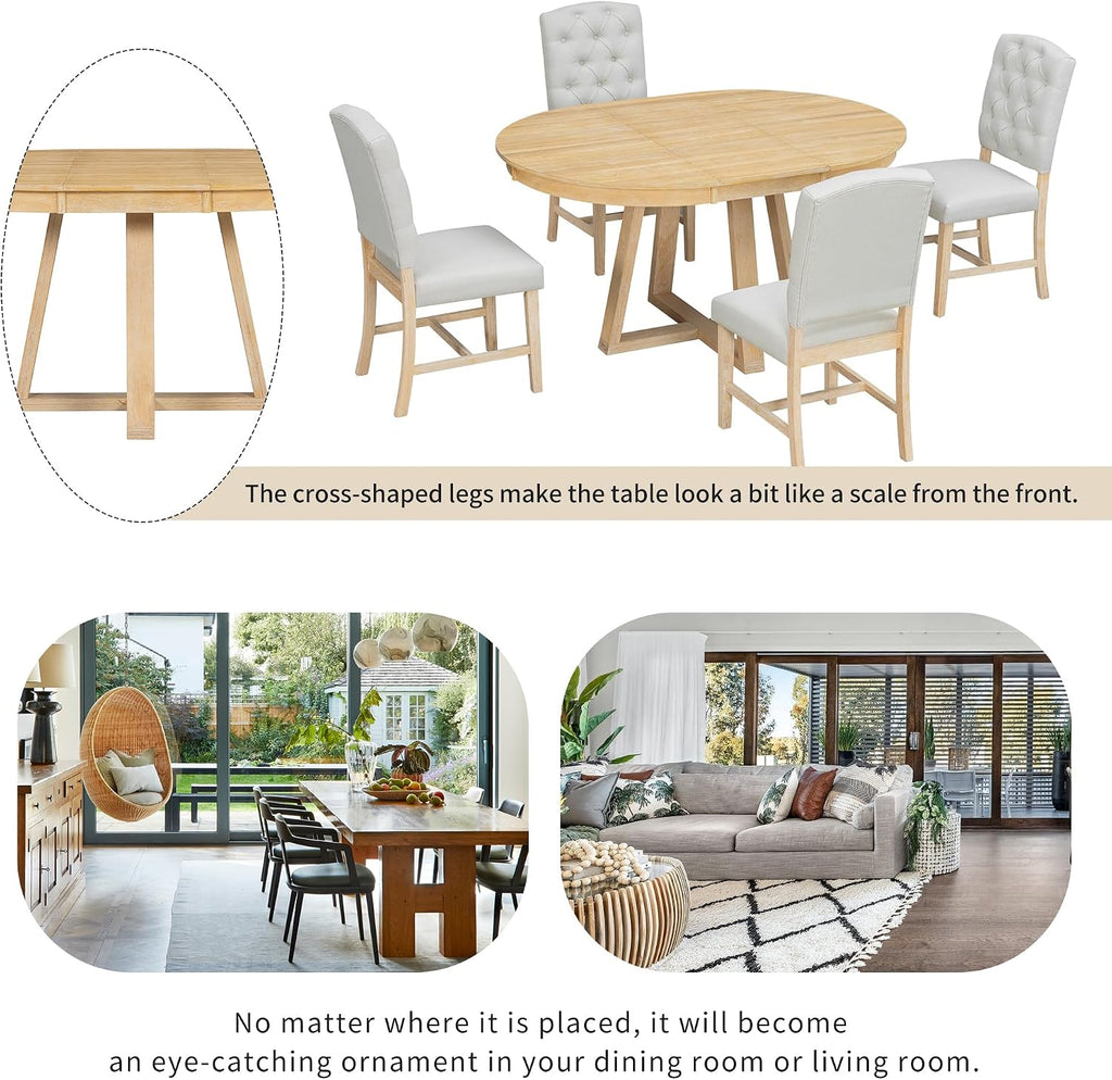 Bellemave 5-Piece Dining Table Set, Extendable Round Dining Table with 16' Removable Leaf, 4 Upholstered Button Tufted Chairs, Acacia Veneer Tabletop (Natural)