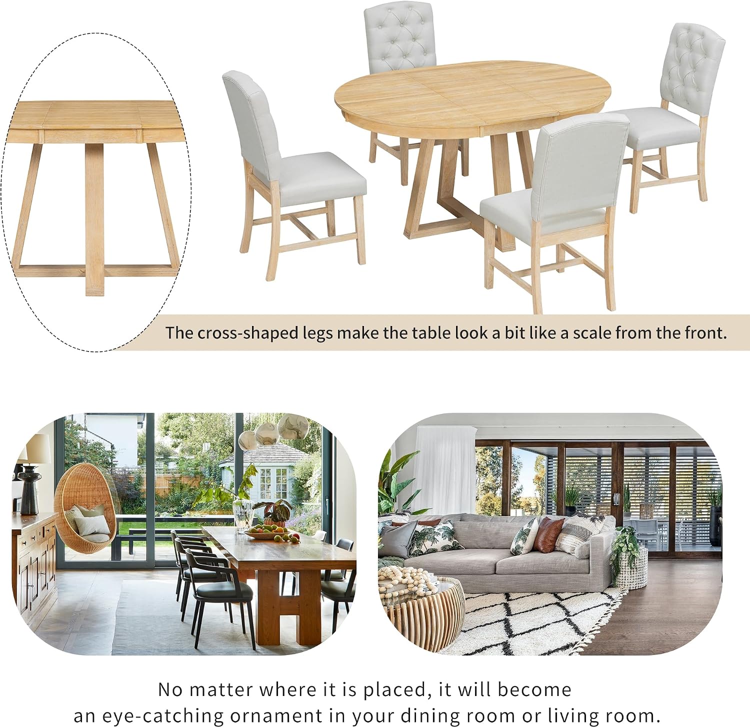 Bellemave 5-Piece Dining Table Set, Extendable Round Dining Table with 16' Removable Leaf, 4 Upholstered Button Tufted Chairs, Acacia Veneer Tabletop (Natural)