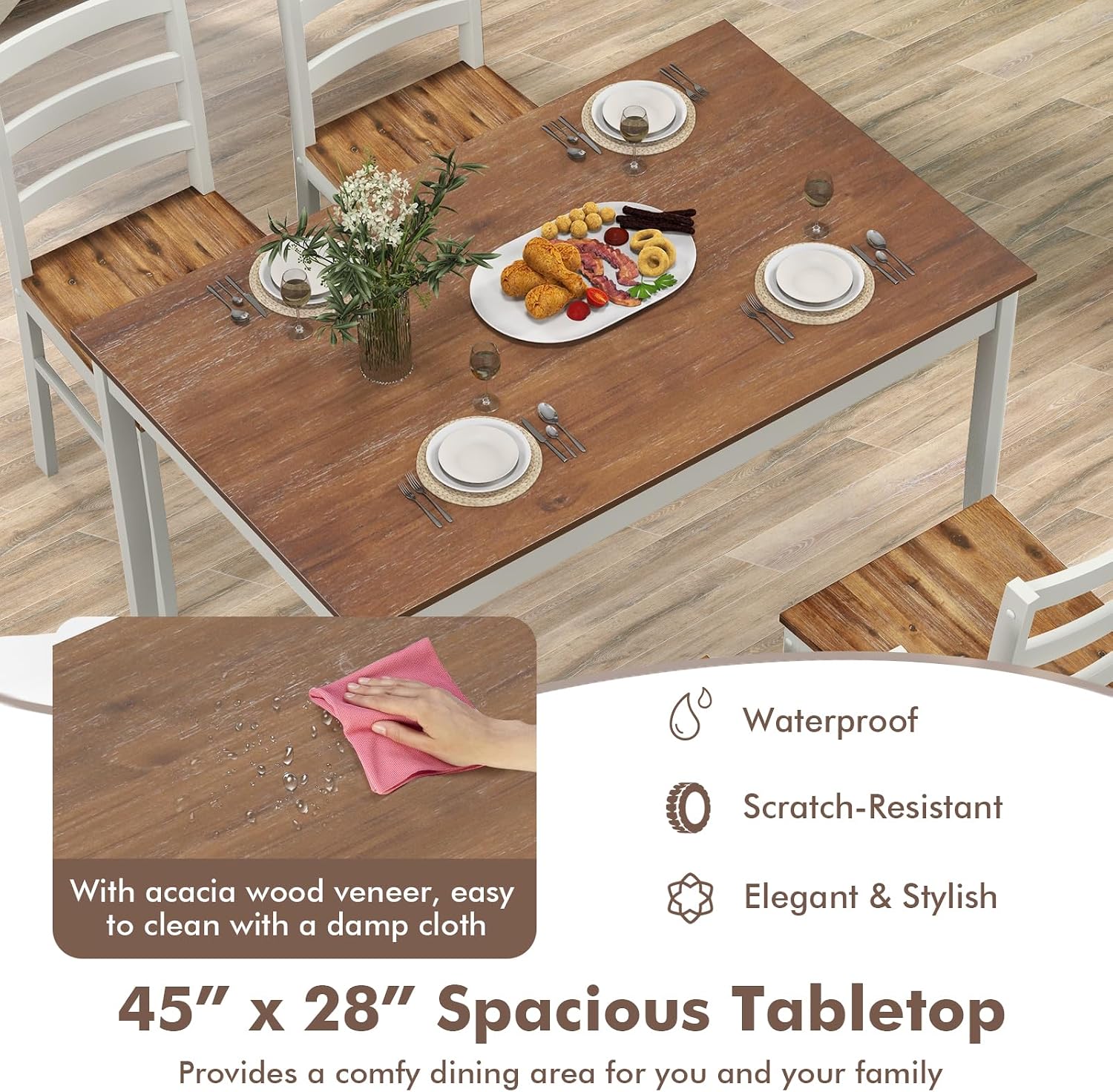 COSTWAY Dining Table Set for 4, Wood Kitchen Table Chairs Set with Rubber Wood Legs, Space-Saving Design, Modern 5-Piece Dinette Set for Small Place, Kitchen, Dining Room, Restaurant, Brown