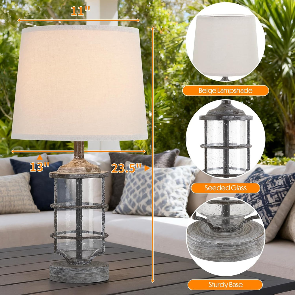 Outdoor Table Lamp, Farmhouse Lamp for Patio Table Decor with Cord, Rustic Table Light with Seeded Glass, 23.5' Plug-in Outdoor Lamps for Patio Waterproof, LED Bulb Included (Antique White Color)