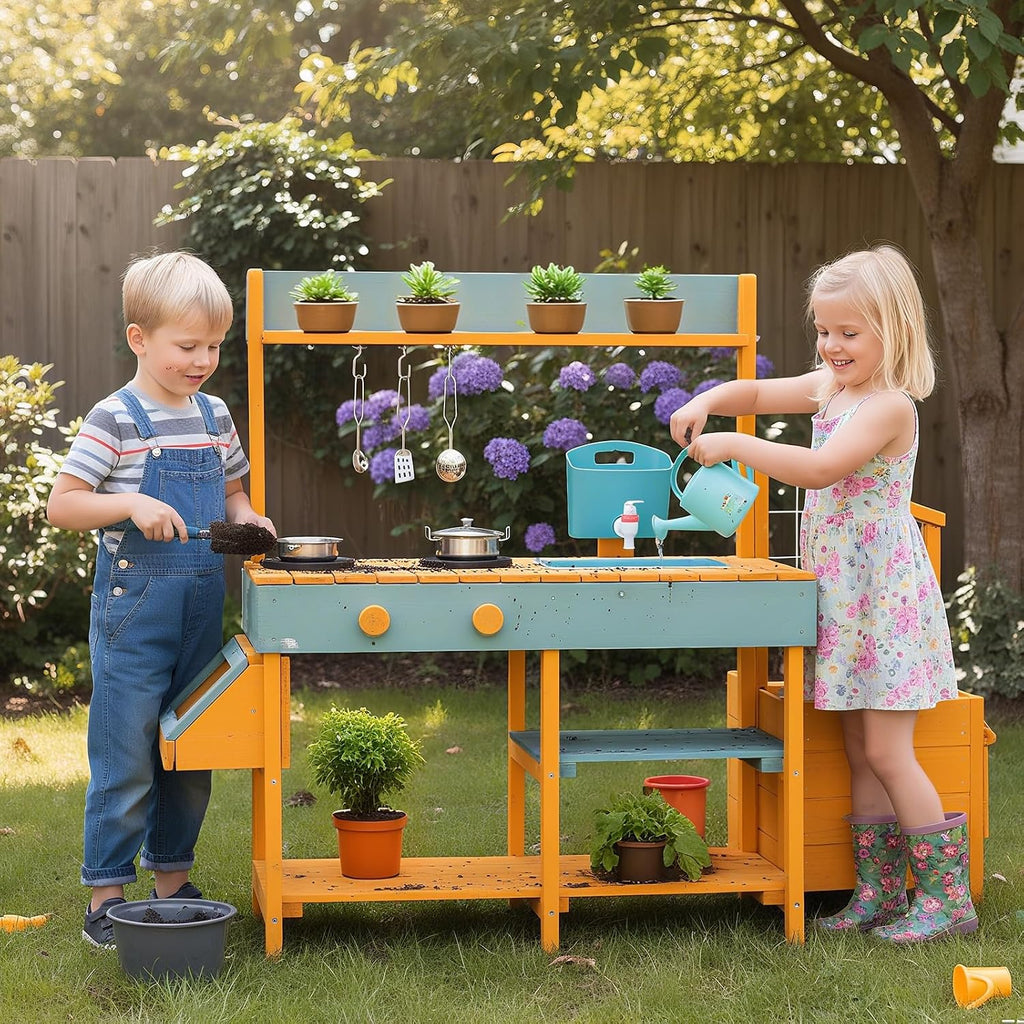 HONEY JOY Mud Kitchen, Cedar Wood Pretend Play Kitchen for Toddlers, Plant Growing Box & Trellis, Real Faucet w/Running Water, Sink, Accessories, Outdoor Kids Kitchen Playset for Garden Fun(Yellow)