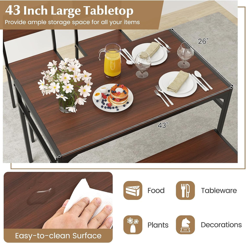 COSTWAY 4 Pieces Dining Table Set, Kitchen Table and 2 Chairs for 4 with Bench, Storage Racks, Metal Frame & Space-Saving Design, Industrial Kitchen Table Set for Small Space, Apartment (Walnut)
