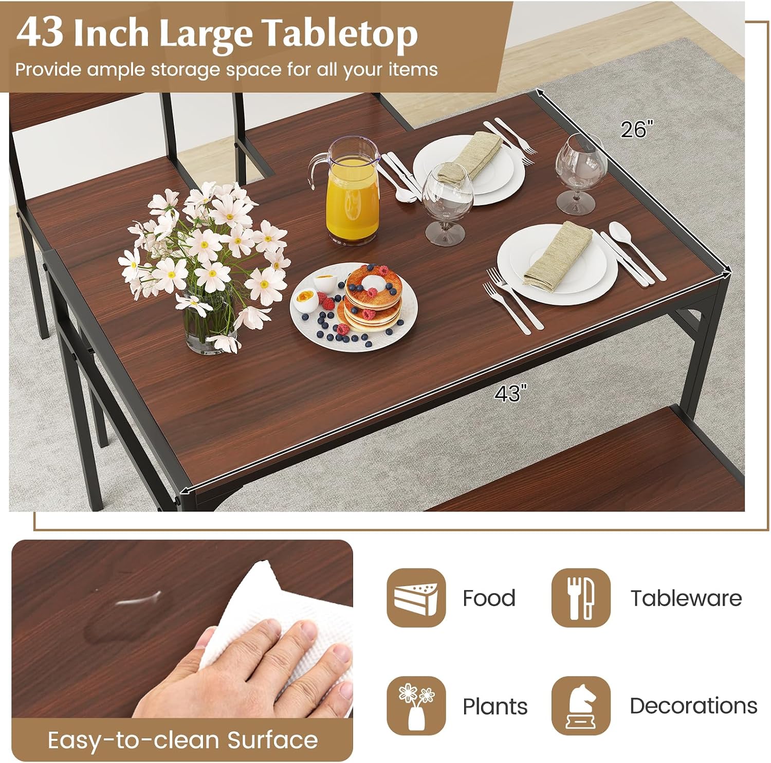 COSTWAY 4 Pieces Dining Table Set, Kitchen Table and 2 Chairs for 4 with Bench, Storage Racks, Metal Frame & Space-Saving Design, Industrial Kitchen Table Set for Small Space, Apartment (Walnut)