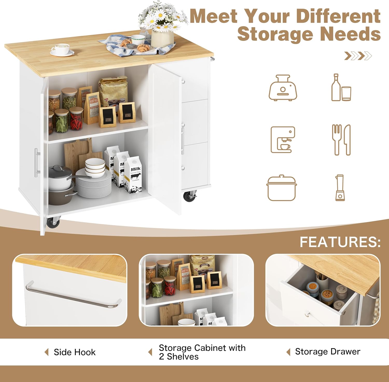 Shintenchi Kitchen Island with Folding Drop Leaf, Rolling Island Table with Storage, Kitchen Cabinet on Wheels with Seating Area for Kitchen, Bar Cart with Cabinet, White