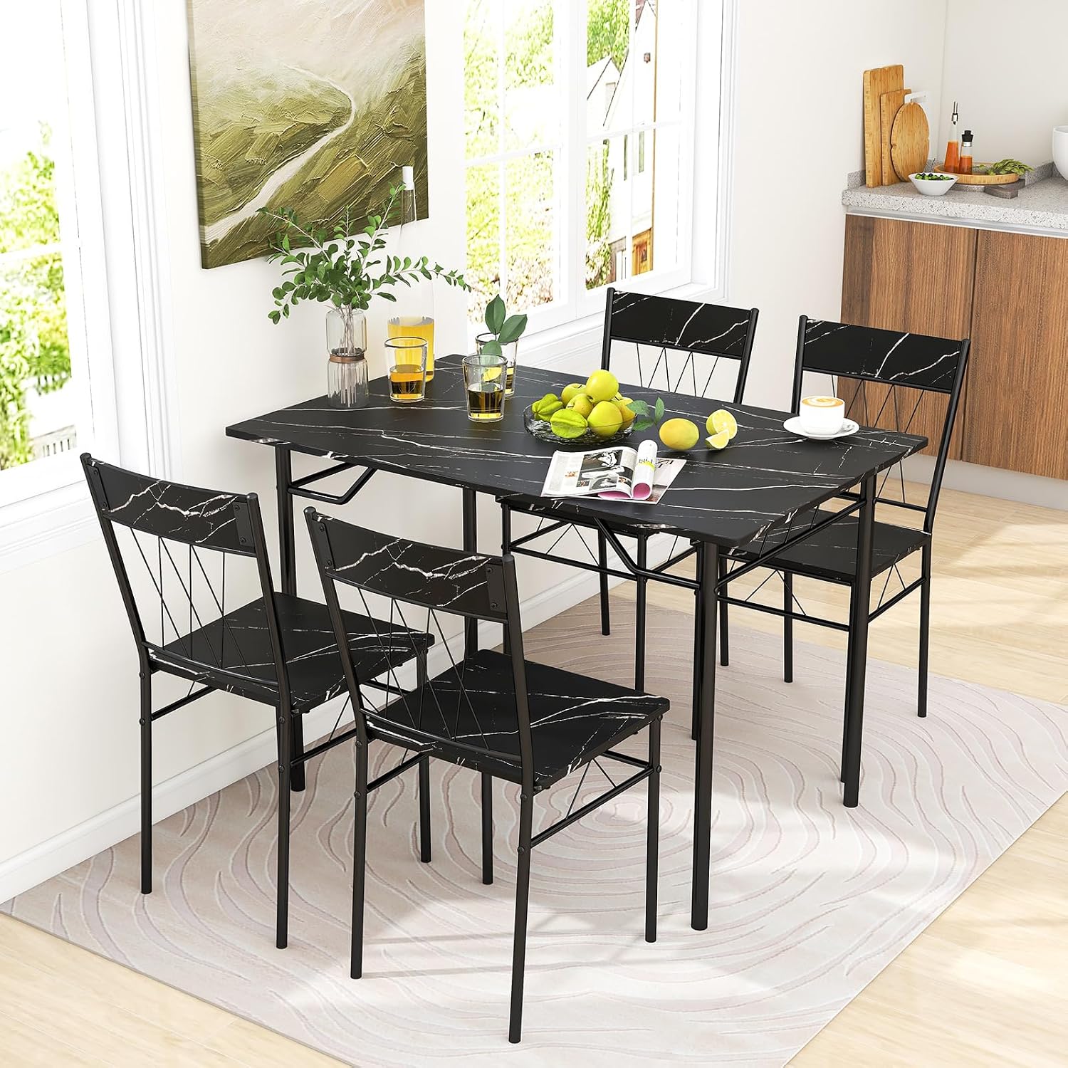 GOFLAME 5-Piece Dining Table Set for 4, Modern Kitchen Table and 4 Chairs with Metal Frame, Space-Saving Dinette Set for Dining Room, Living Room, Breakfast Nook, Small Space, Black