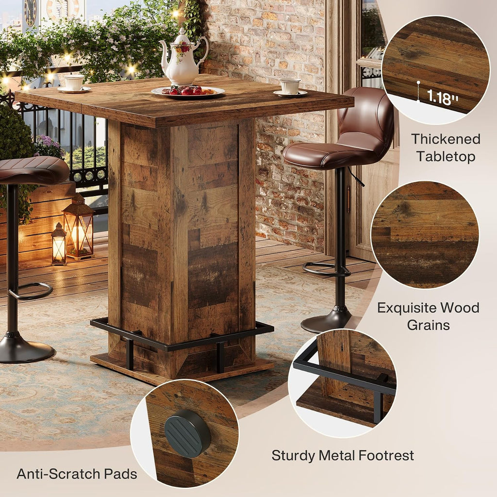 Tribesigns 39.4' H Square Bar Table, Industrial High Top Bistro Pub Cocktail Table with Metal Footrest for Kitchen Nook, Home Bar, Small Bars, Dark Brown (Table Only)