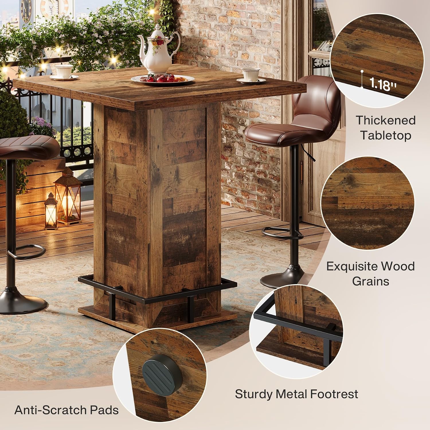 Tribesigns 39.4' H Square Bar Table, Industrial High Top Bistro Pub Cocktail Table with Metal Footrest for Kitchen Nook, Home Bar, Small Bars, Dark Brown (Table Only)