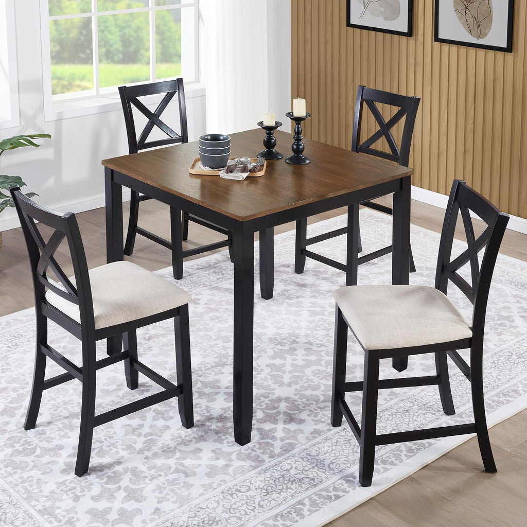 Harper & Bright Designs Counter Height Dining Table Set 5-Piece for 4, Farmhouse Kitchen Table 34.5' Square with 4 X-Back Chairs, Black & Oak for Small Space