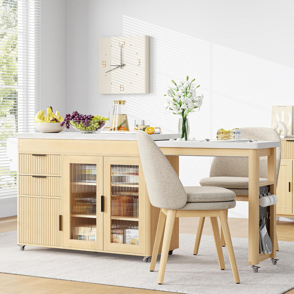 IRONCK 78.7' Kitchen Island with Extendable Dining Table, Rolling Kitchen Cart on Wheels with Quartz Laminate Top, Storage Cabinet, Spice Rack, Shelf & Drawer for Dining Room (Oak)
