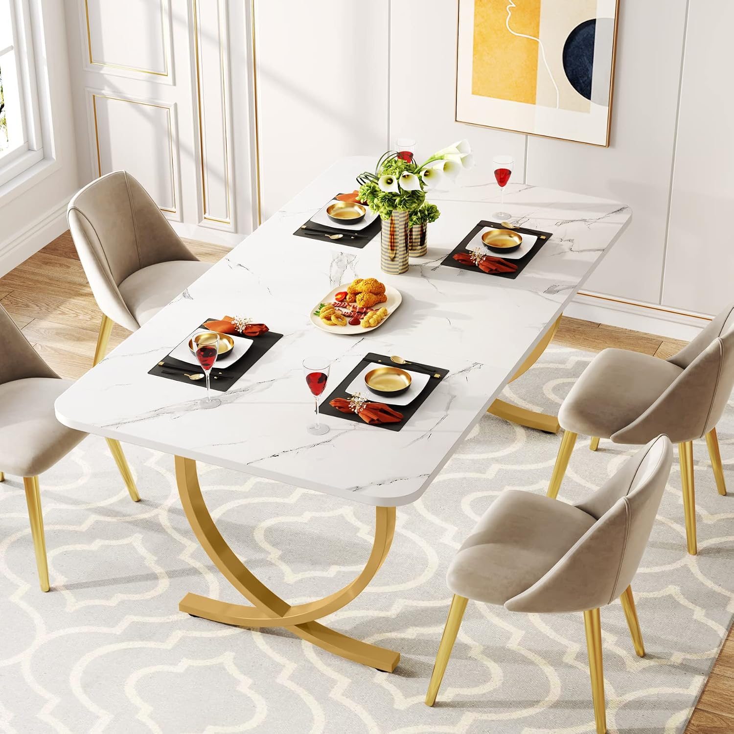 LITTLE TREE Dining Room Table, Kitchen Table with Faux Marble Table Top and Gold Metal Legs