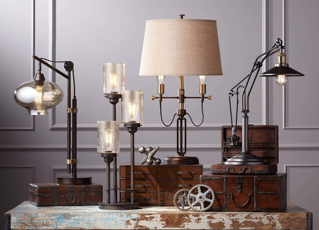 Franklin Iron Works Libby Modern Industrial Rustic Farmhouse Table Lamp 30' Tall Full Size Bronze Metal 3-Light LED Amber Seeded Cylinder Glass for Living Room Bedroom House Bedside Nightstand