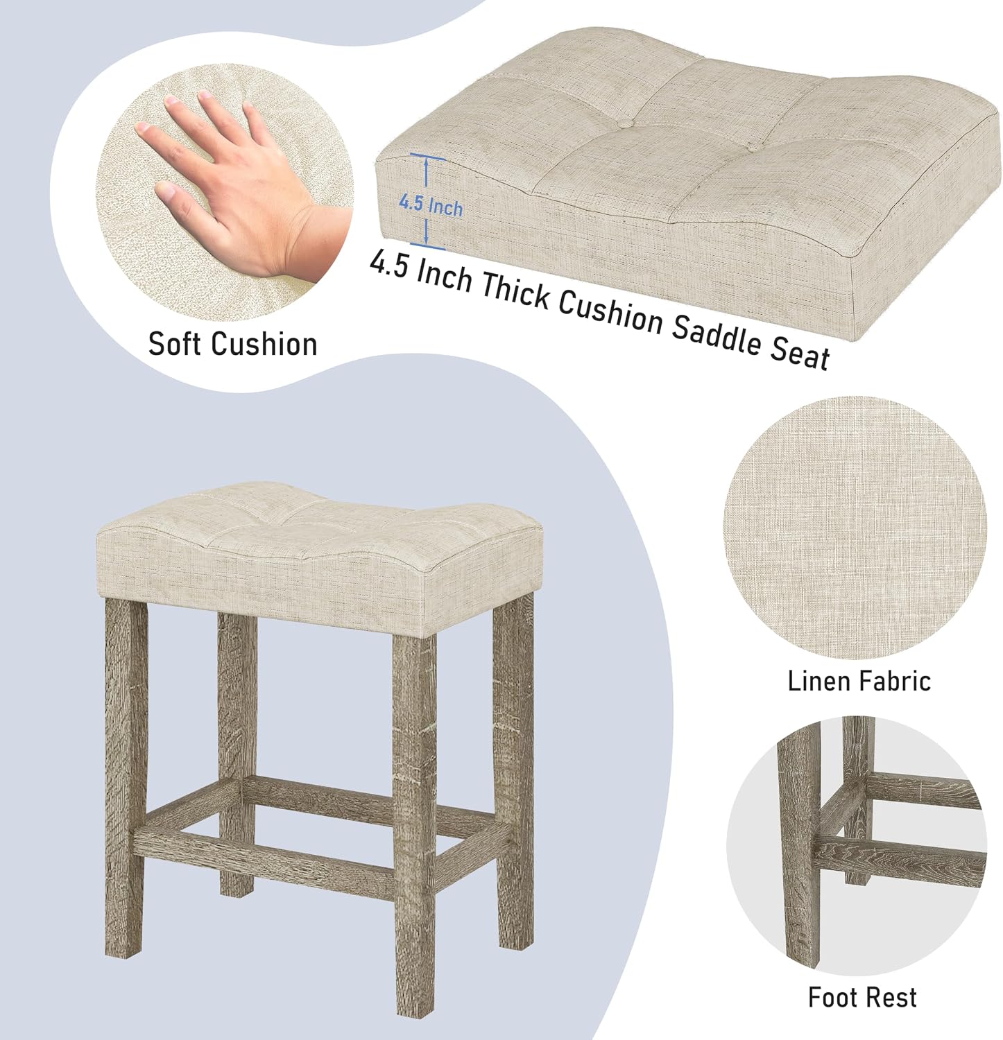 allamazing 3-Piece Counter Height Bar Table Set with Socket and 2 Fabric Padded Bar Stools, Tall Kitchen Breakfast Dining Table Set with Stools (1+2 Natural)