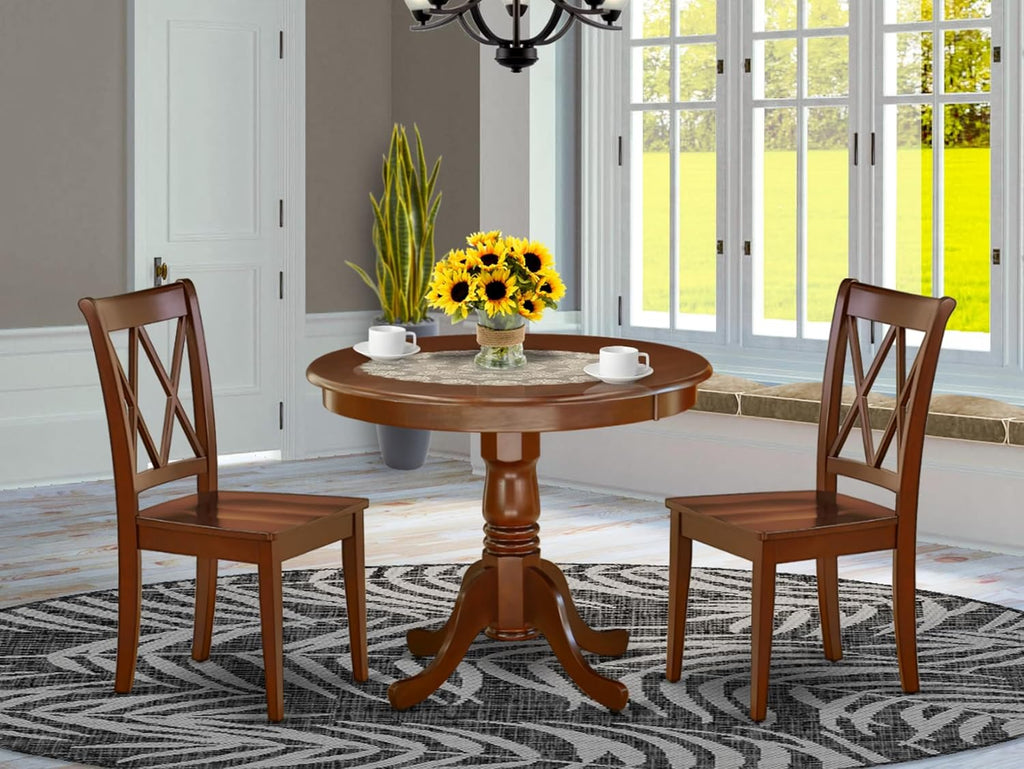 East West Furniture ANCL3-MAH-W 3 Piece Dinette Set for Small Spaces Contains a Round Dining Room Table with Pedestal and 2 Kitchen Dining Chairs, 36x36 Inch, Mahogany