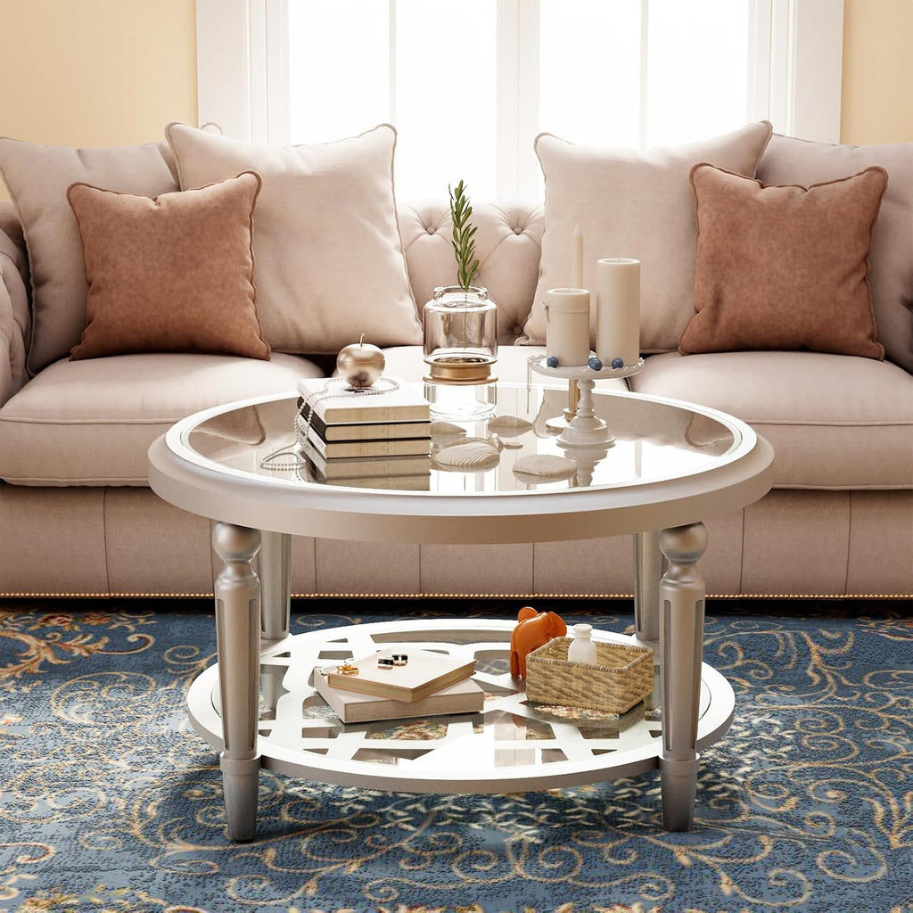 SUNBURY Glass Coffee Table, 32' Round Coffee Table, Glass Side Table, Lightweight Accent End Table for Living Room, Bedroom, Dinning