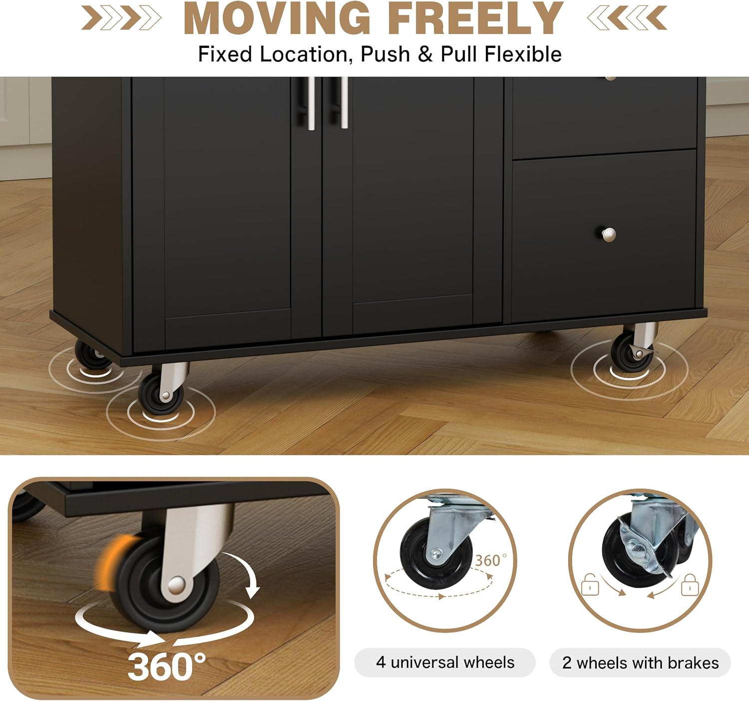Shintenchi Kitchen Island with Folding Drop Leaf, Rolling Island Table with Storage, Kitchen Cabinet on Wheels with Seating Area for Kitchen, Bar Cart with Cabinet, Black