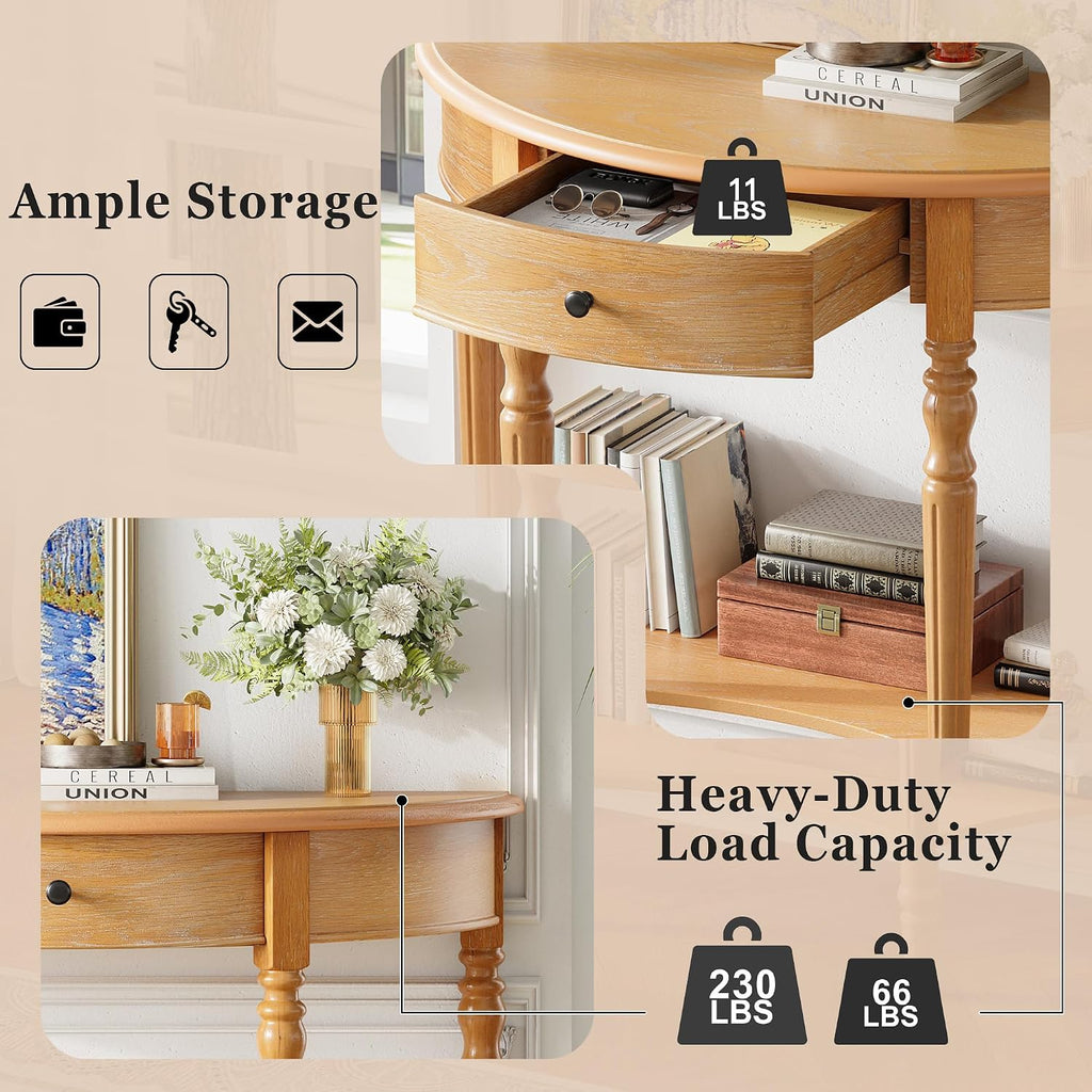 LKTART Vintage Half Moon Console Table with Solid Pinewood Frame & Legs, Modern Entryway/Sofa Table for Living Room,Hallway,Foyer,Behind Couch (Natural 39')