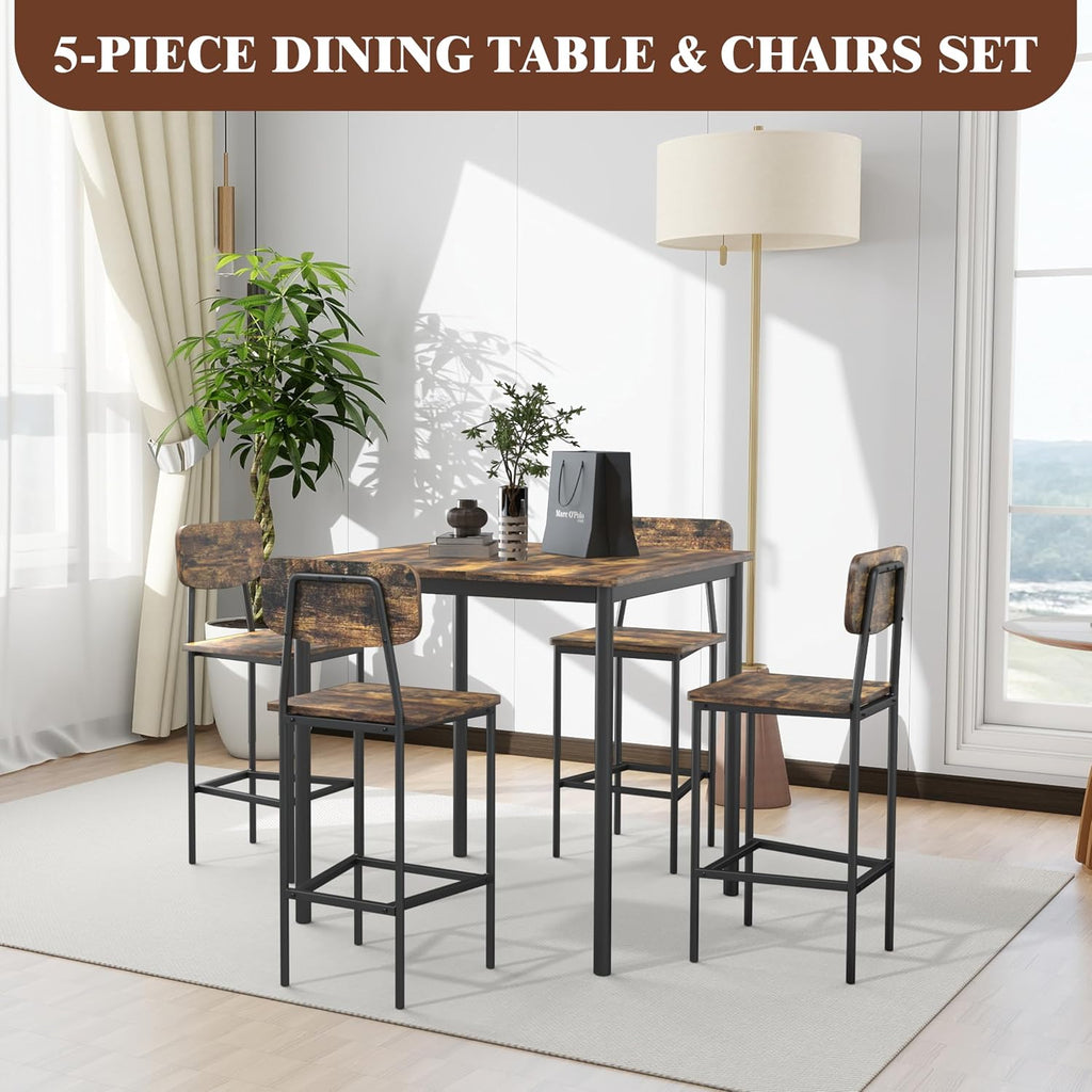 Kitchen Table and Chairs of 4, 5 Piece Dining Table Set, Sturdy Industrial Space Saving Dinette Set for Pub, Family Dinners, Apartment, Rustic Brown