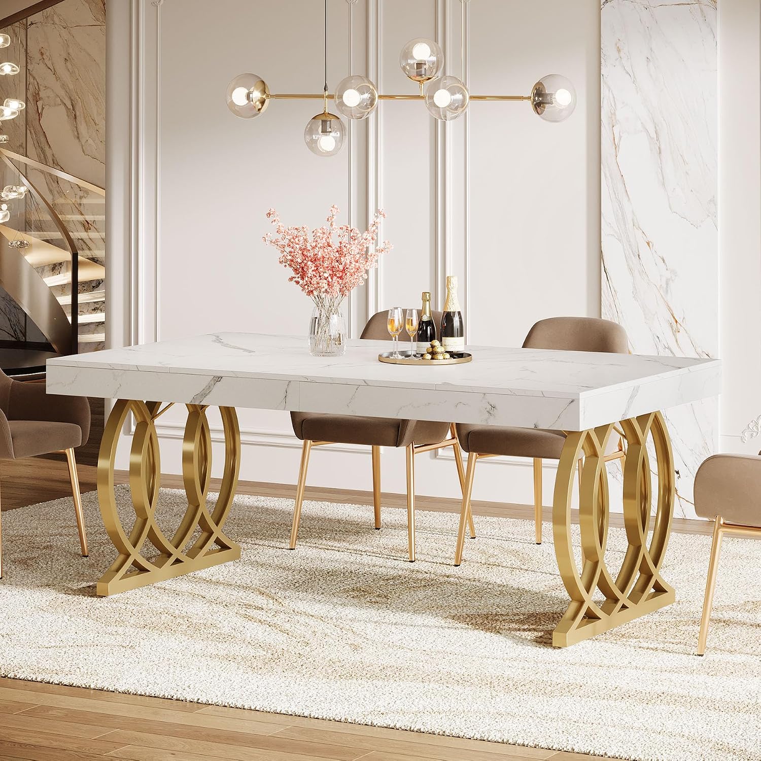Tribesigns 63-Inch Dining Table for 4-6, Modern Kitchen Table with Faux Marble Tabletop and Geometric Legs, Rectangle Dining Room Furniture for Living Room, Kitchen, White and Gold